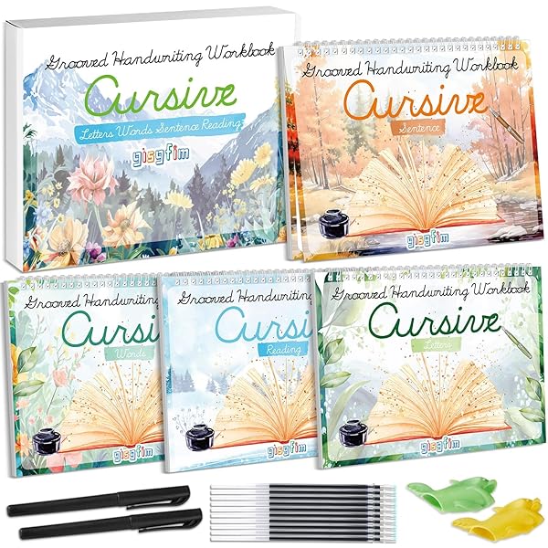 gisgfim 4 Pack Grooved Cursive Handwriting Workbook Kit Magic Reusable Grooved Handwriting Practice with Disappearing Ink Pens Cursive Kickoff Student Workbook for Kids Words Letters Sentences Reading
