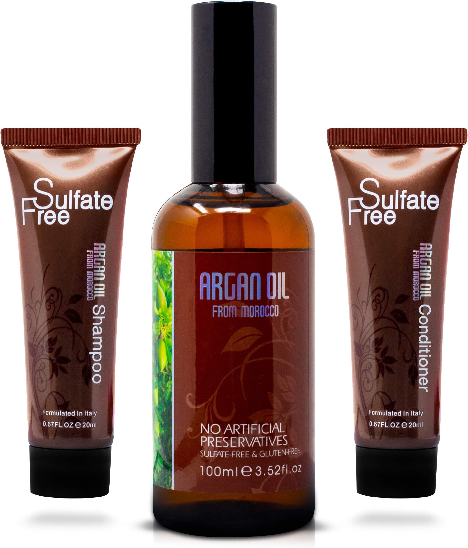 Nuspa Argan Oil With Shampoo and Conditioner Set - Color Safe Treatment, UV Protection, Intense Moisturizing For Dry, Damaged, Frizzy, Volumizing for Thin Hair 20ml