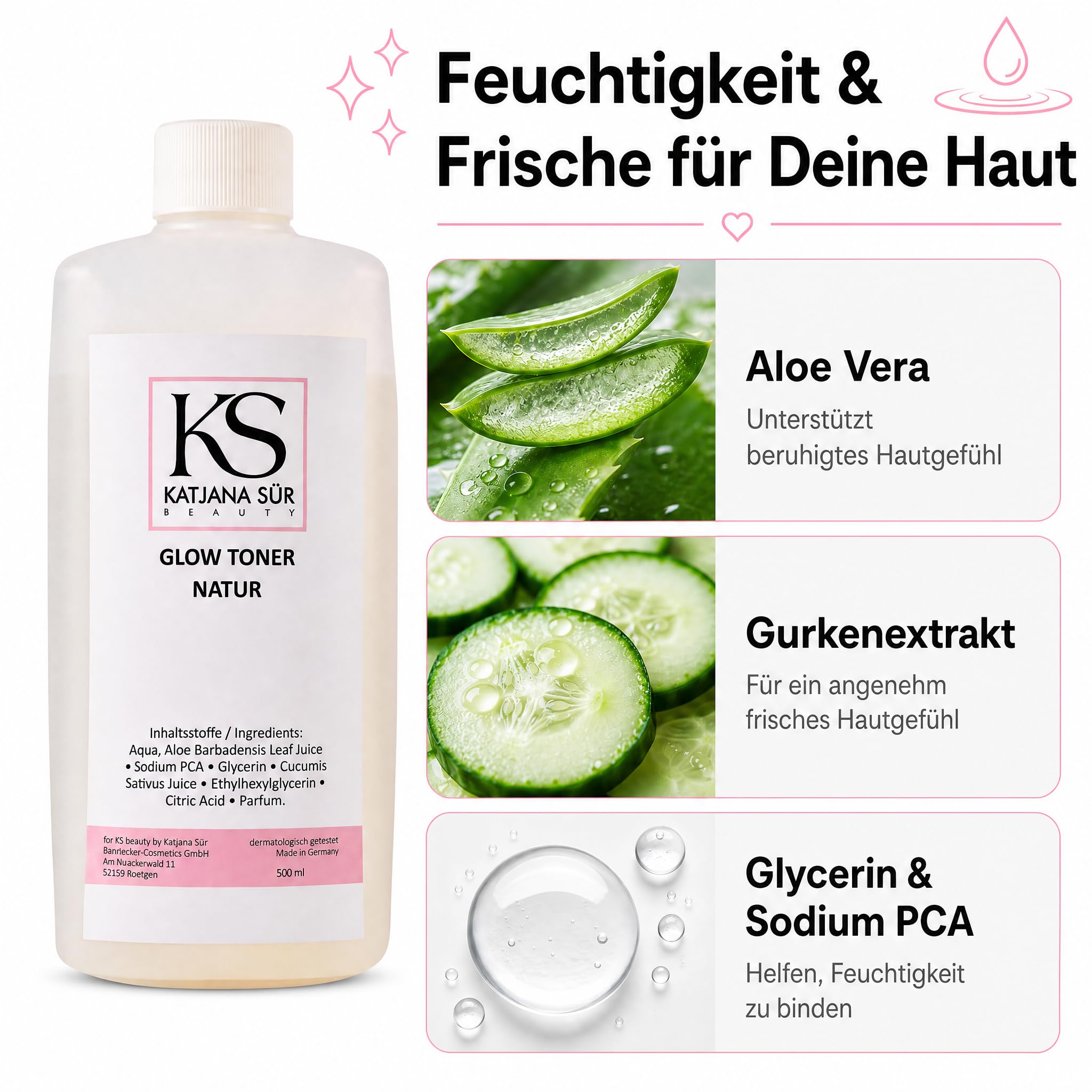 KS Beauty Glow Toner Gesichtswasser mit Pumpspender, 500 ml | Feuchtigkeitsspendender Gesichtstoner für trockene & sensible Haut – dermatologisch getestet, Made in Germany