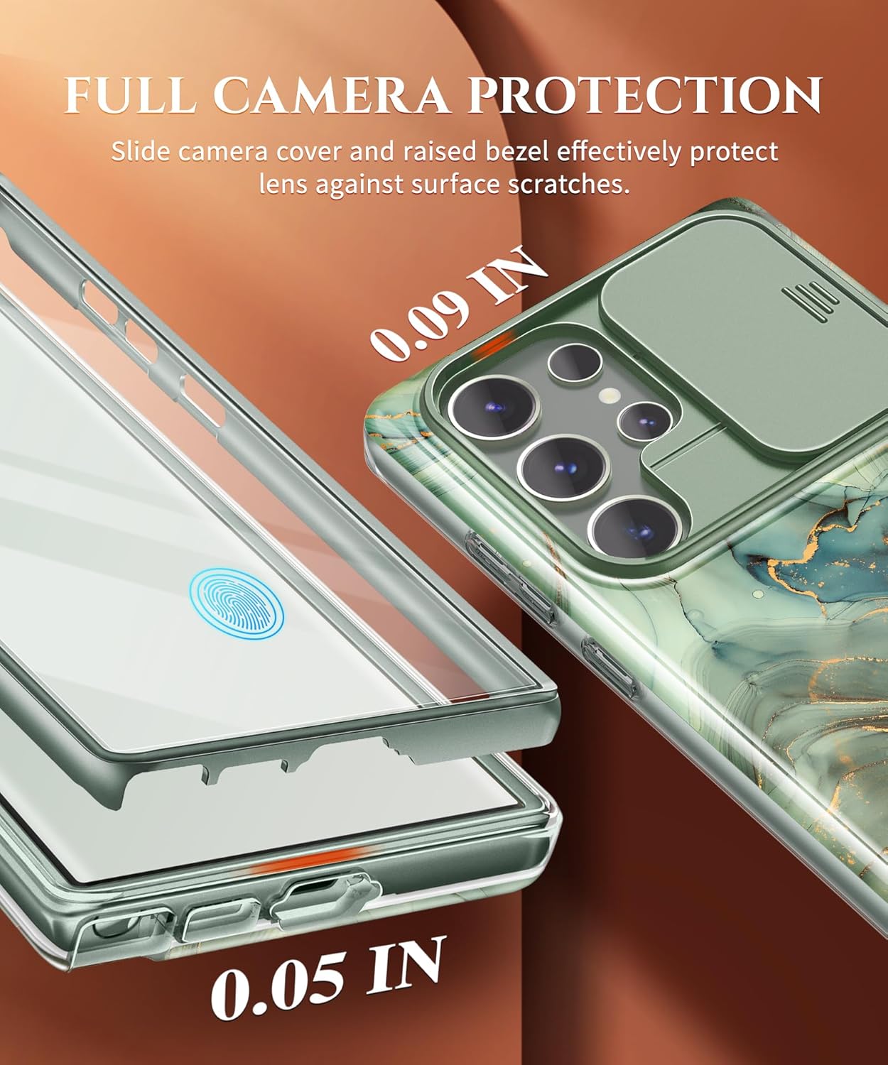 GVIEWIN for Samsung Galaxy S23 Ultra Case with Slide Camera Cover, [Built-in Screen Protector] [2 Front Frames] Military Grade Shockproof, Marble Phone Case Fit S23 Ultra 6.8", Desert Dream/Green