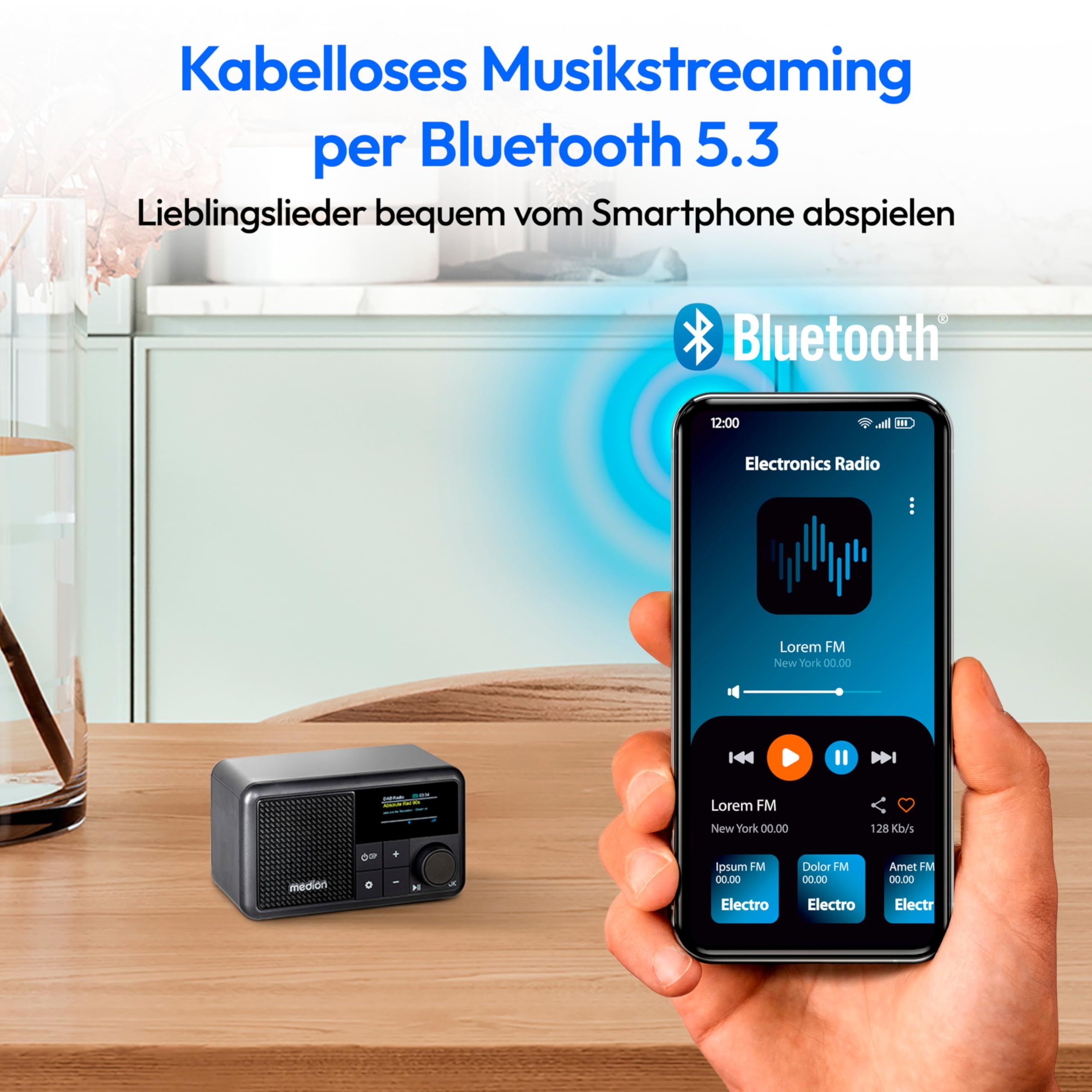 MEDION S66822 Tragbares Mini DAB+ Radio mit Bluetooth (Akku mit bis zu 6,5 Stunden, klein, dimmbares Farbdisplay, Teleskopantenne, Sleeptimer, Wecker, Snooze, AUX, USB-C) schwarz