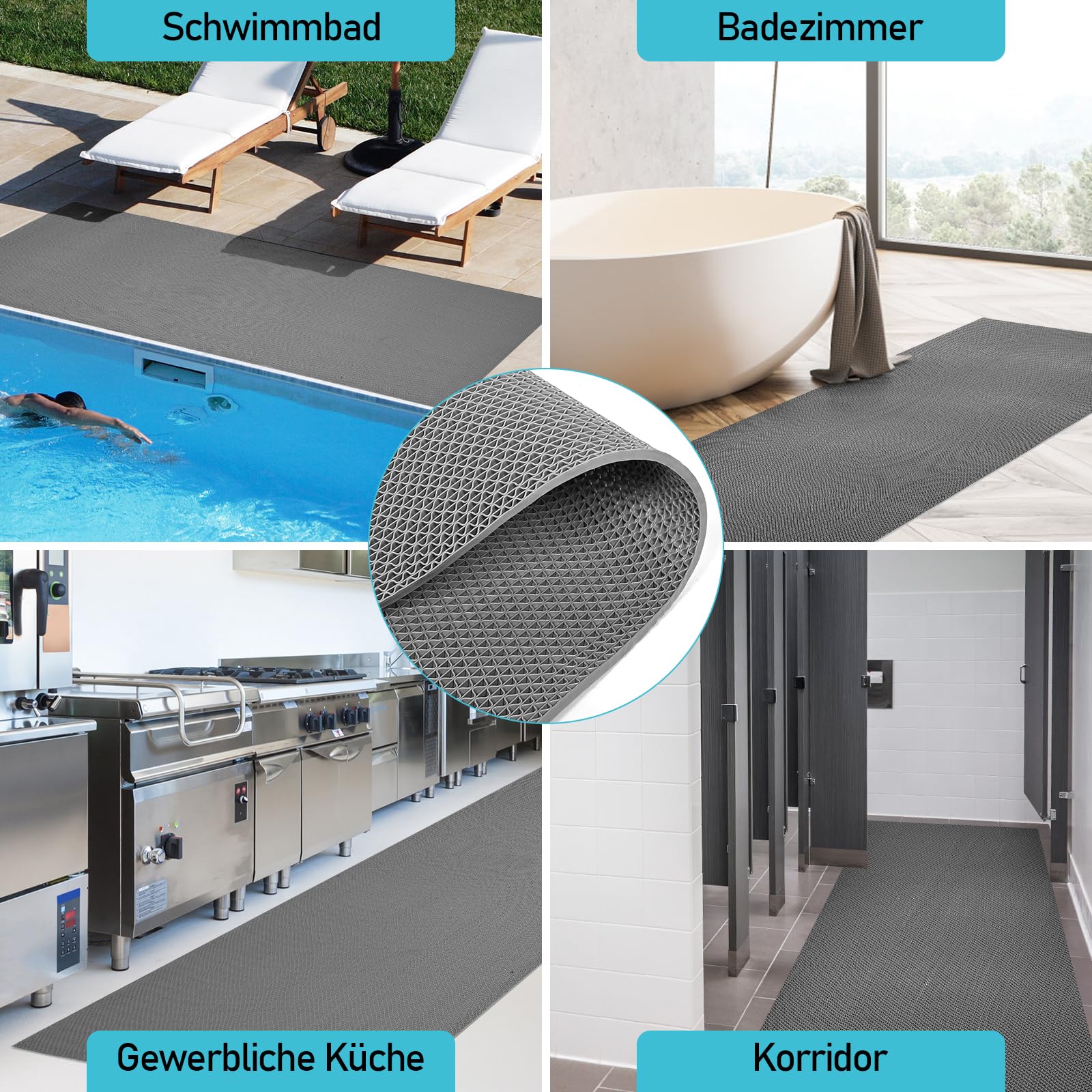 Tapis de sol de drainage en maille PVC - 90 x 200 cm - Antidérapant - Pour salle de bain et douche - Épaisseur : 6 mm - Densité accrue - Gris - Pour zone humide, piscine, buanderie
