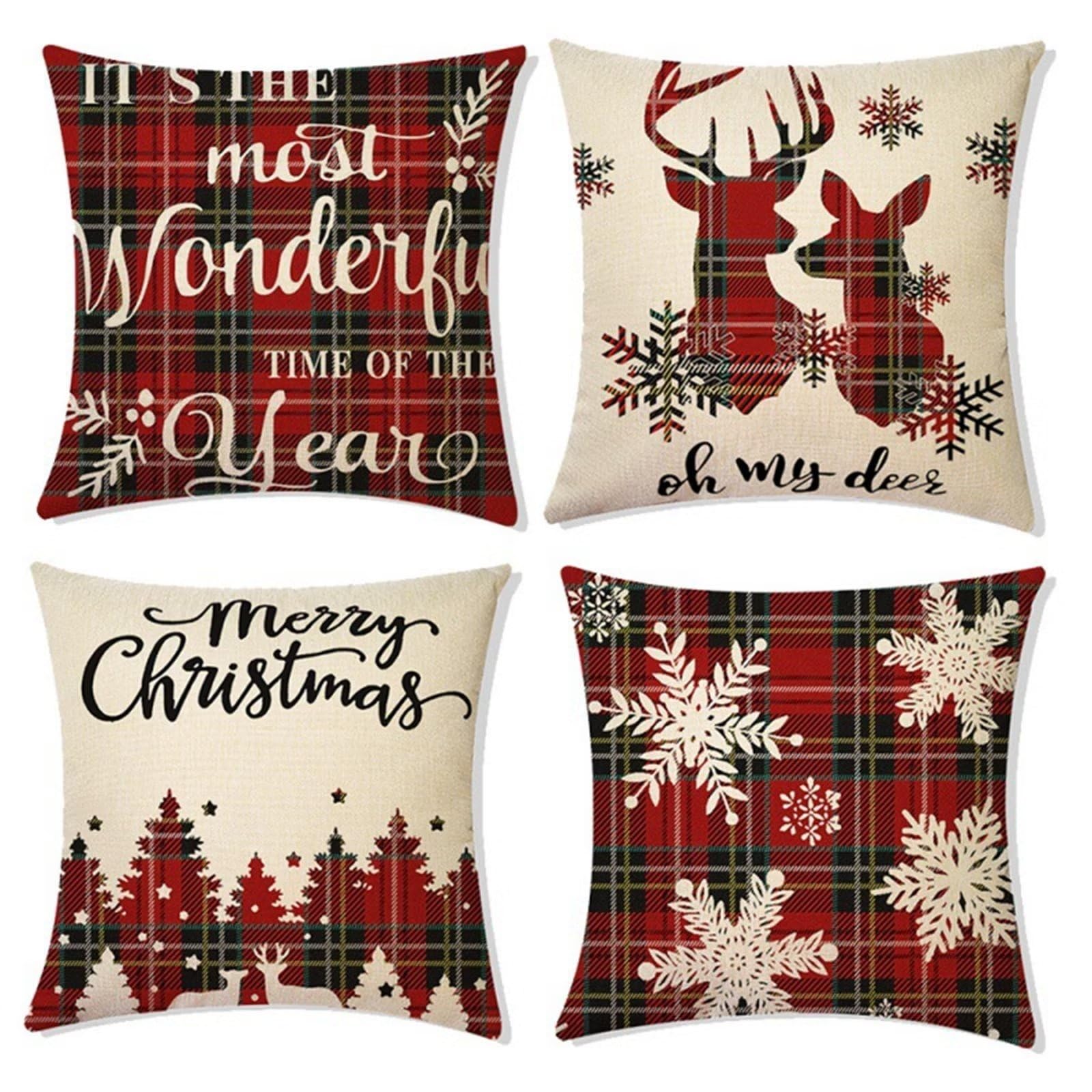 4 Pezzi Natalizi Cuscini per Divano, Natale Federe Cuscino Divano 60x60 CM Cervo di Natale geometrico, Natale Lino Copricuscini, Decorazione Natalizia per la Casa Soggiorno Natalizie Decorativi
