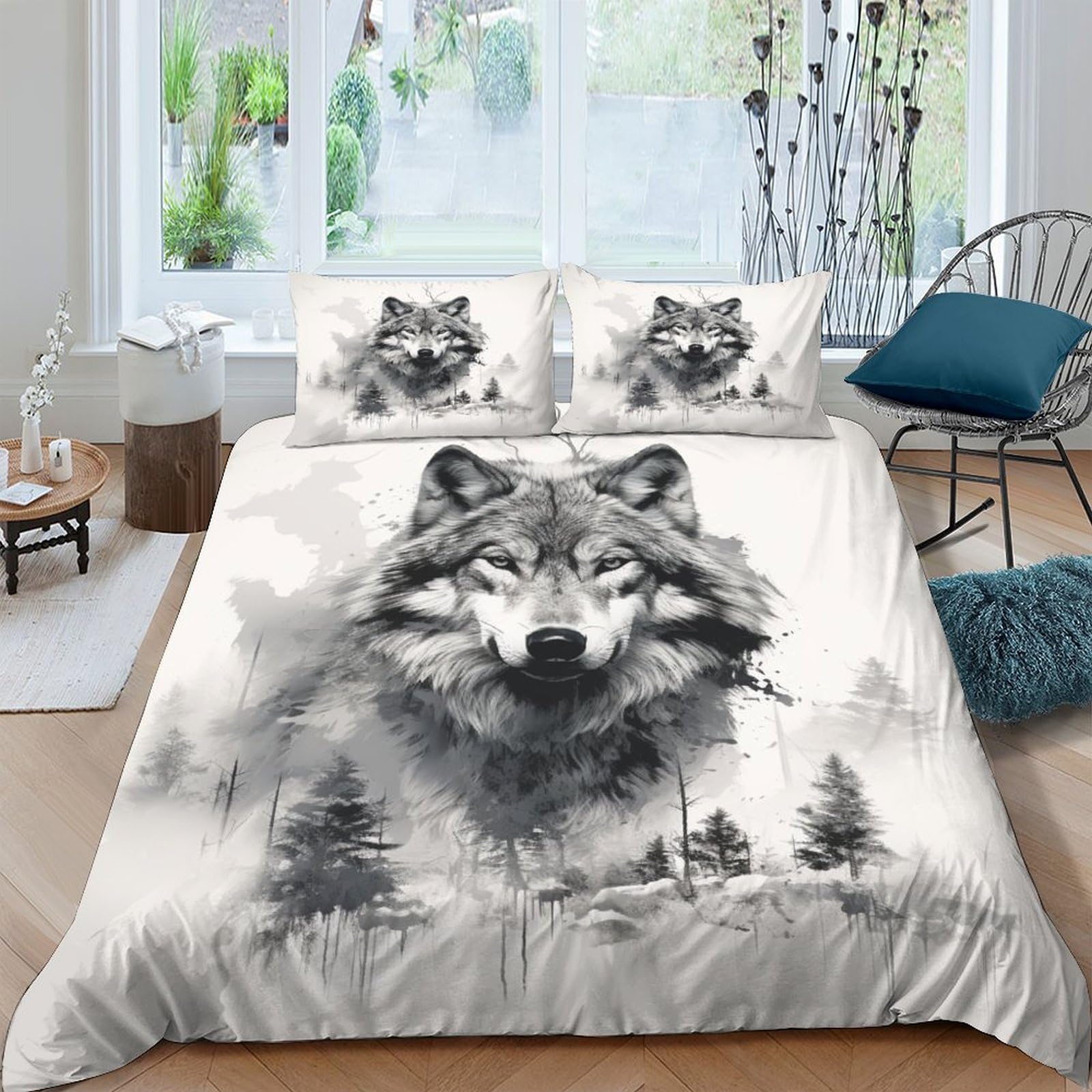Housse de couette loup imprimé 3D haute définition linge de lit microfibre zippé 200x200