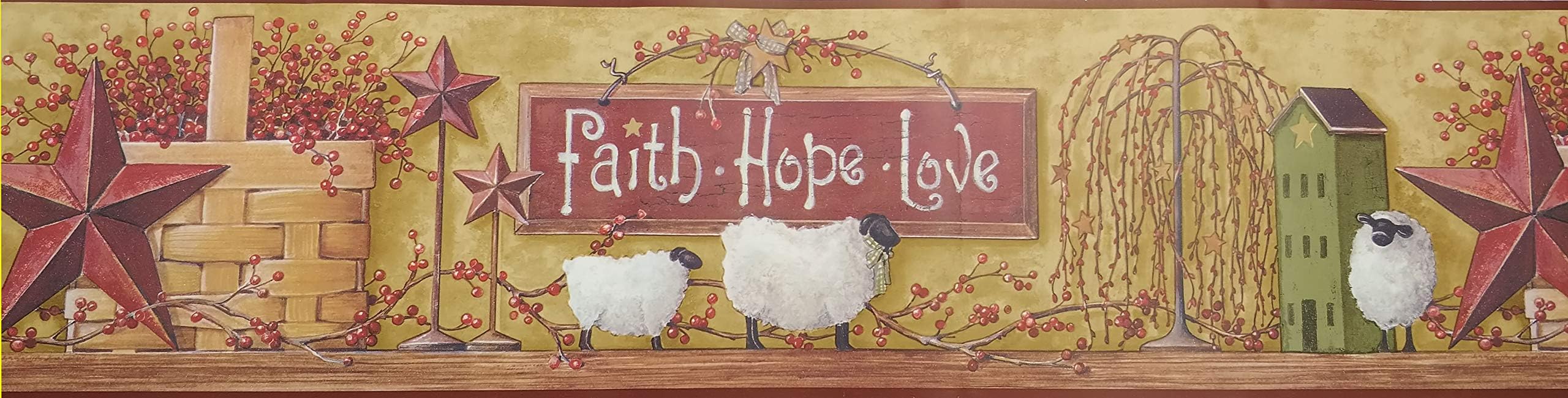 Wallpaper Border Faith Hope Love Red Beige Green Star Sheep Wall Decor Retro Classic 15' x 6.75"/O