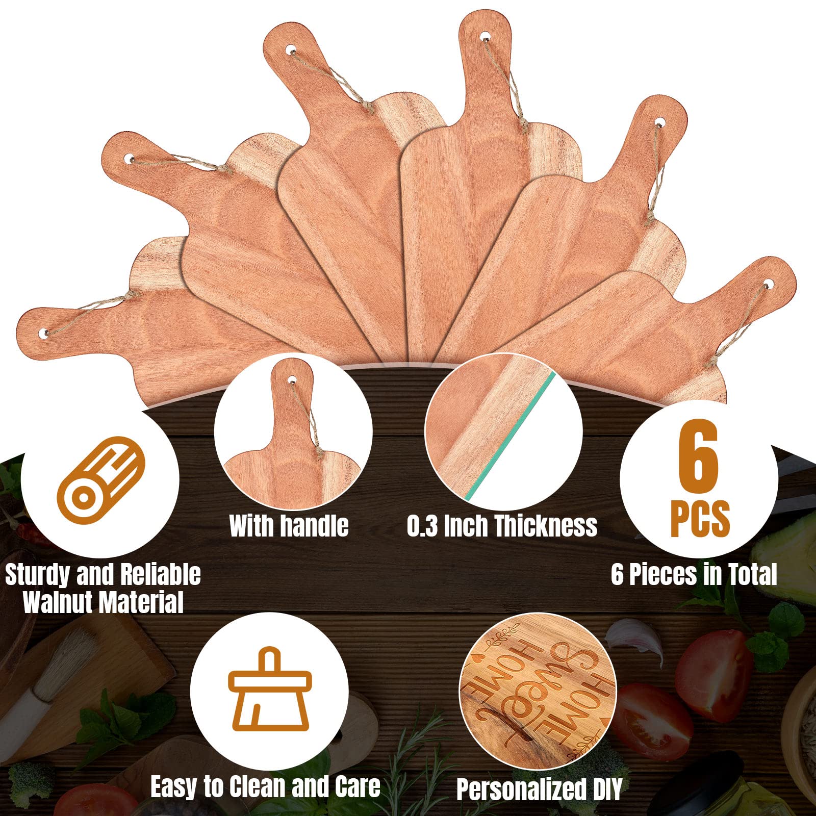 Set di 6 taglieri in tinta unita con manici, tagliere in legno da cucina, per verdure, carne, pizza, formaggio, frutta, pane, incisione fai da te (30,5 x 19,7 cm, noce)