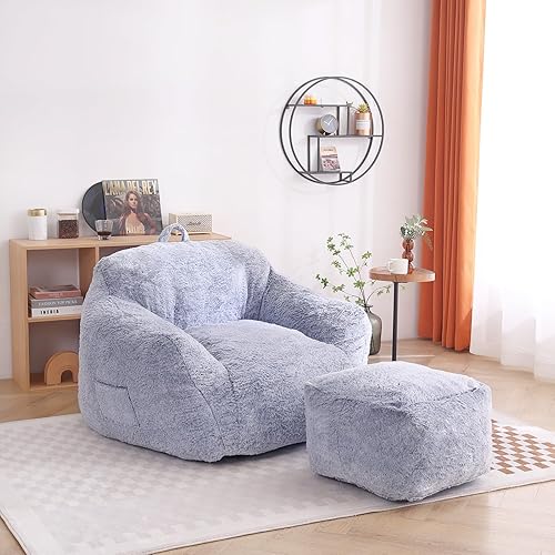 Miniatura 6 de LITA Puf con otomano, reposabrazos de piel sintética, sofá decorativo con relleno de espuma de alta densidad, sofá gigante con bolsillo y taburete