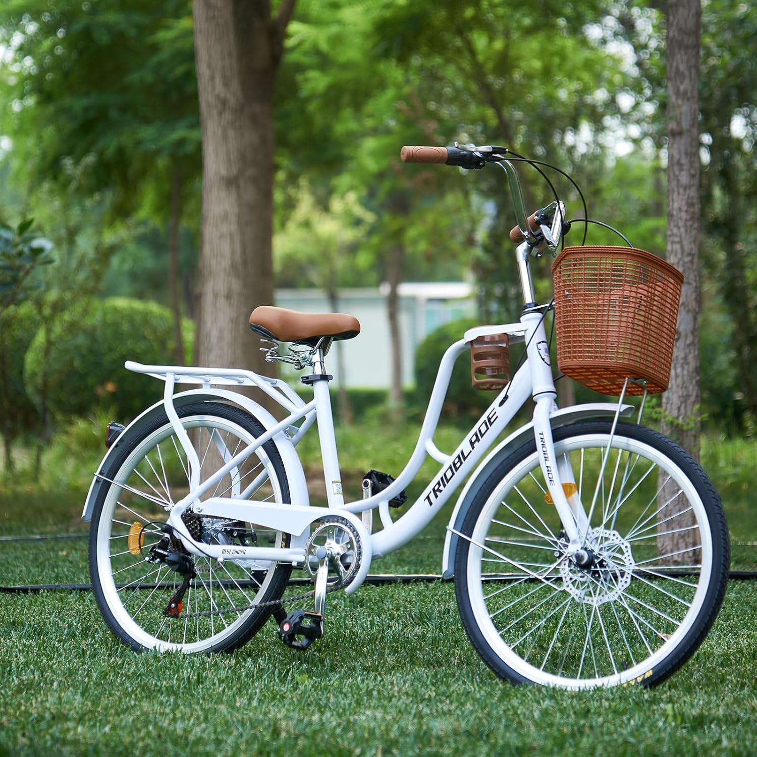 LSLIFE Damen Fahrrad mit Korb 24/26in 7 Geschwindigkeit Stadt Fahrrad Frauen Mädchen Komfort Fahrrad Leichter Rahmen Hybrid ScheibenbremsenLeichtes Pendlerrad Retro Fahrrad Urban Bike