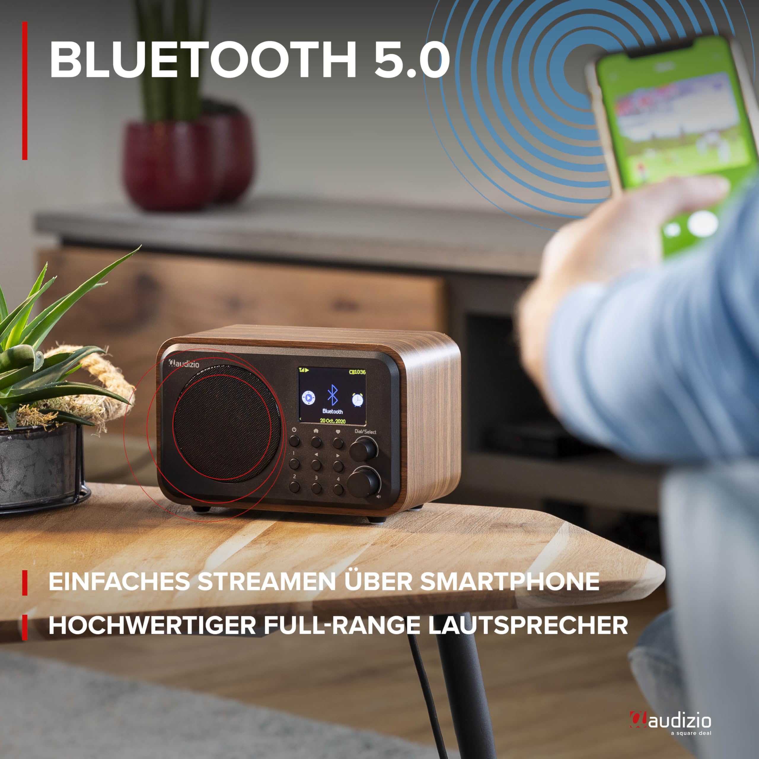 Audizio Vicenza Internetradio DAB Radio mit Bluetooth 5.1 mit Fernbedienung, WLAN, 10 Std. Akku, Line-Out, Küchenradio, FM/UKW, USB-C Ladekabel - DAB Plus Radio in Braun