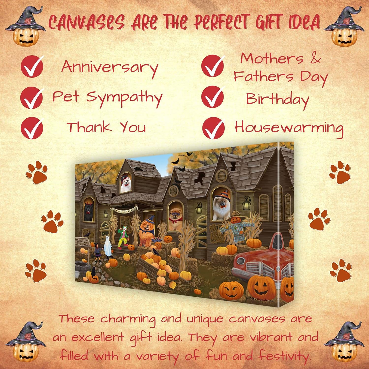 Haunted House with Chow Chow Dogs Canvas Wall Art - Premium Quality Ready to Hang Room Decor - Black Floating Framed 16" x 16"