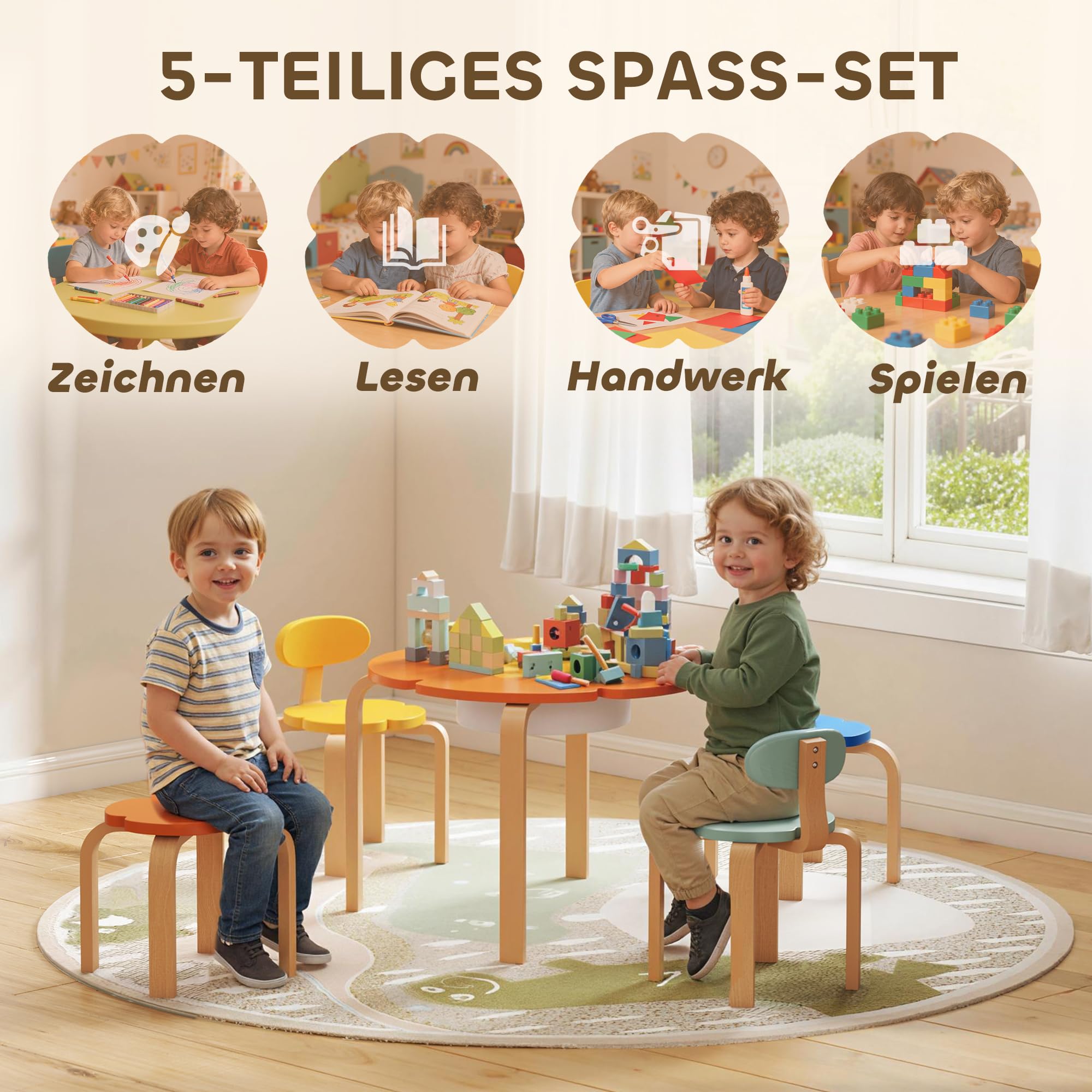 AIYAPLAY Kindersitzgruppe Kindertisch mit Stauraum 5-Teilig Holz Bunt