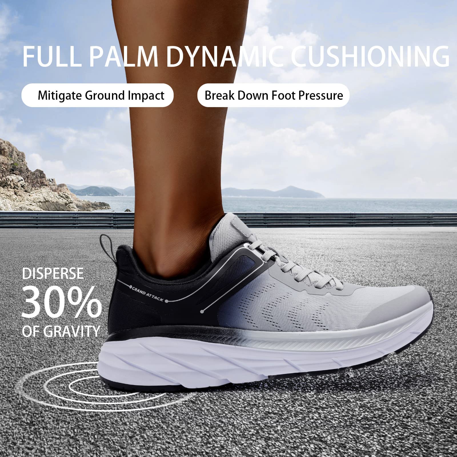 Grand Attack Buty do biegania szosowego dla mężczyzn z doskonałą amortyzacją, wygodą, lekkie męskie buty do chodzenia, antypoślizgowe, oddychające, sportowe, tenisówki, tenisówki do rugby, Zt620 czarny/szary, 46 EU