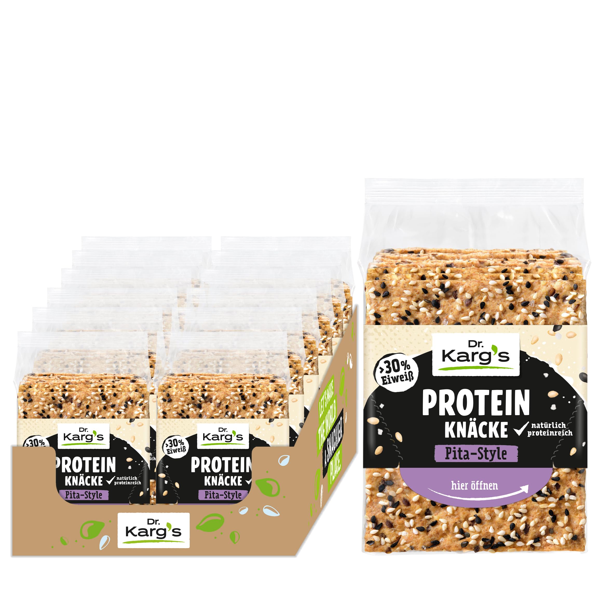 Dr. Karg’s Protein-Knäckebrot Pita-Style - knusprig, vegan, mehr als 30% Protein & weniger Kohlenhydraten, proteinreich, mit Sesam, Meersalz und Schwarzkümmel, vegan, ohne Zusatzstoffe, 12x150g
