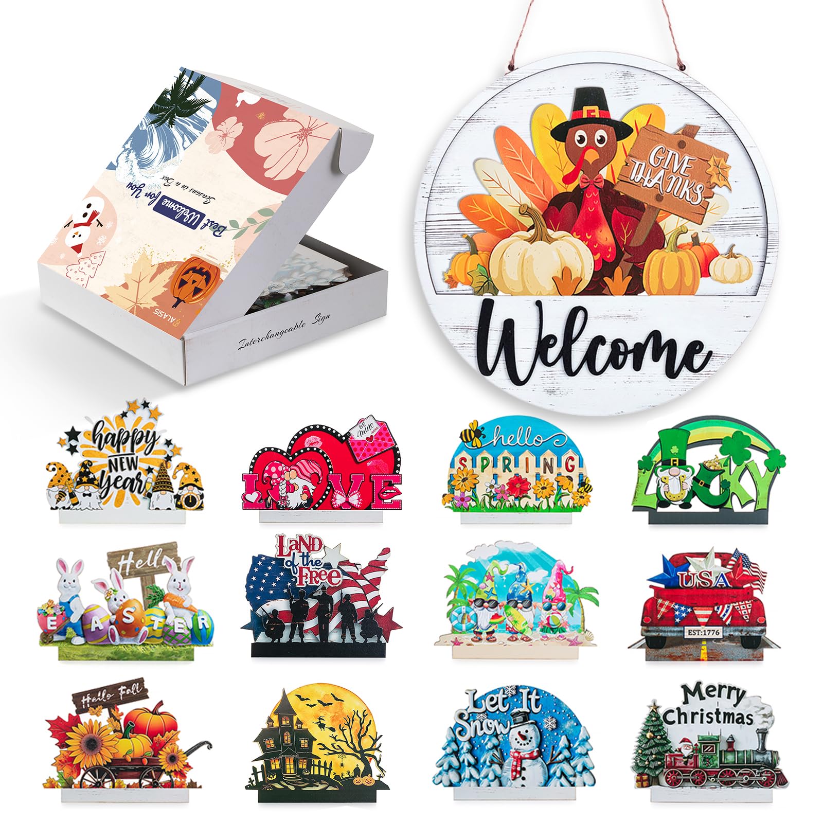 Welcome Sign for Front Door: 13pcs Interchangeable Winter Decor - Housewarming Gifts for New Home Seasonal Wreaths Outdoor Holiday All Season Decorations