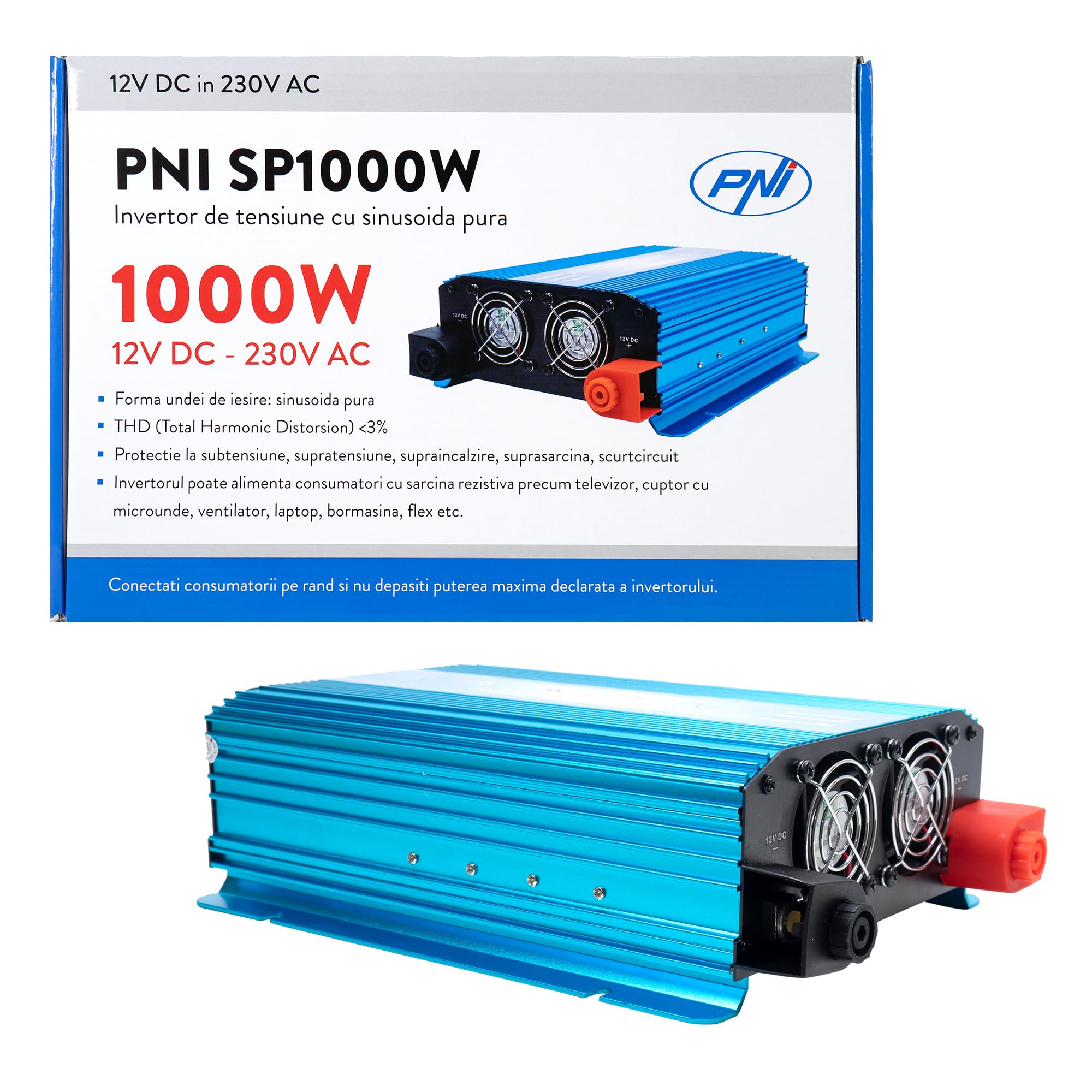 PNI SP1000W Convertisseur Transformateur Chargeur pour Voiture Onduleur à onde sinusoïdale pure, Onduleur 12 V DC à 230 V AC, 2 prises Schuko