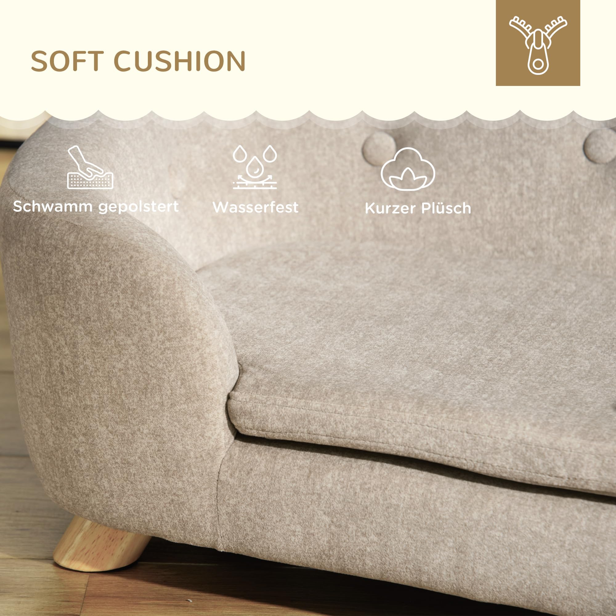 PawHut Canapé-lit pour animaux de compagnie - Avec coussin et poche arrière - En peluche et mousse de pin - Blanc crème - 70 x 47 x 30 cm