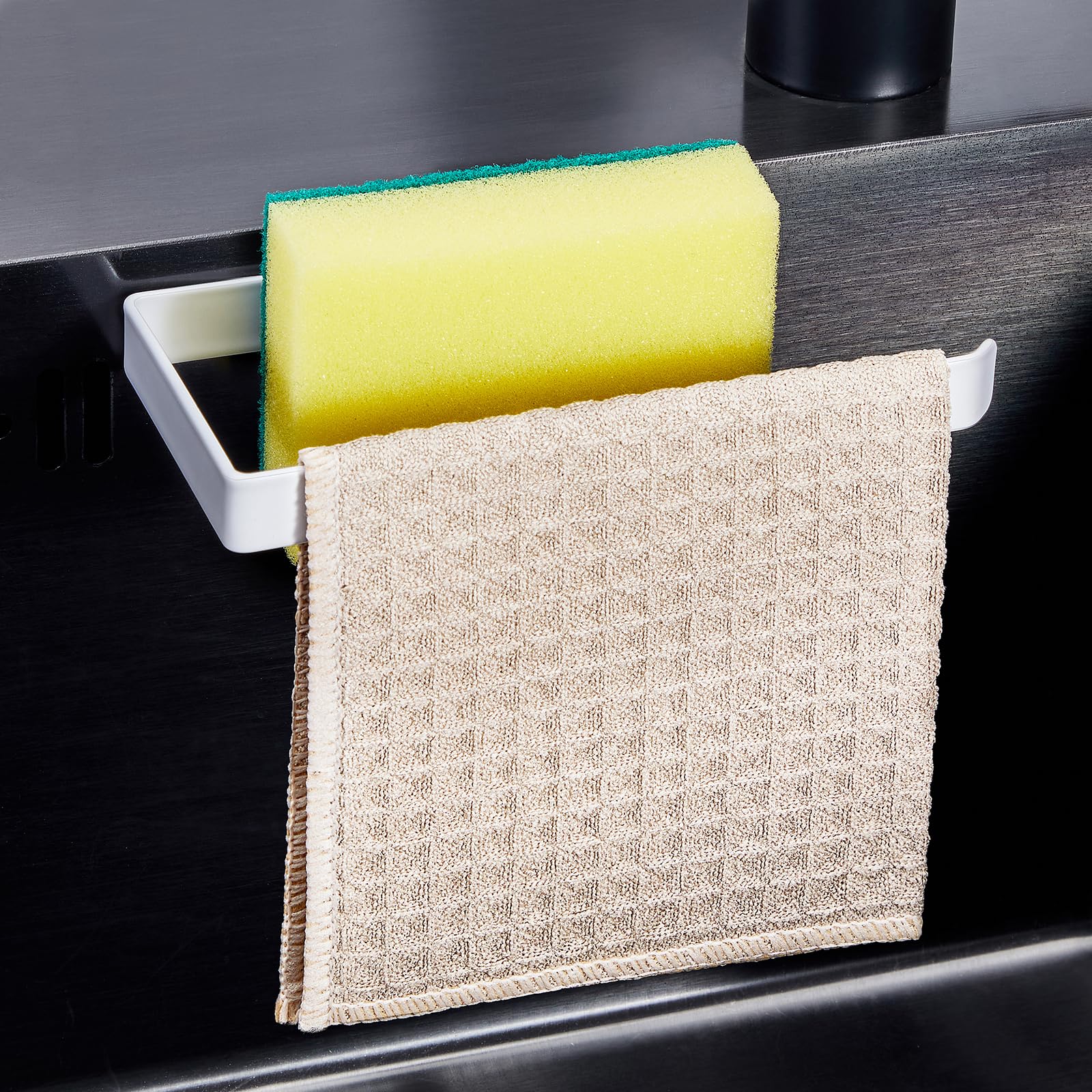 LOXSUN Sponge Holder Sink, Self-Adhesive Dishcloth Holder, Sink Caddy Kitchen 2 In 1, Stainless Steel Dishcloth Storage For Dishcloth, Sponges, Brush (White)