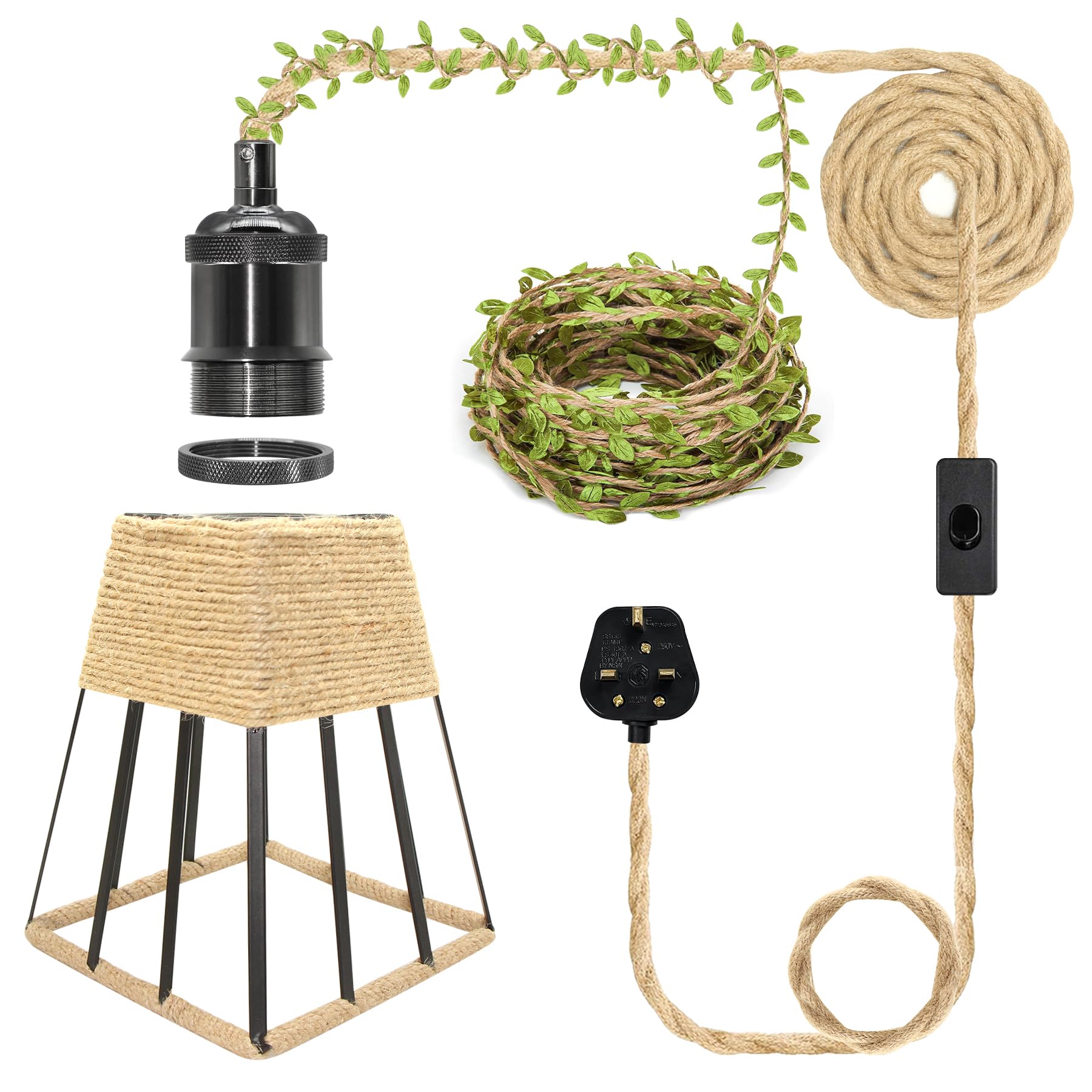 ZRLXFM Plug in Hemp Rope Pendant Light, Square Lampshade Hanging Lighting with Switch and 510CM Cable, E27 Black Metal Lamp Holder Equipped with 5M Long Green Leaf Decoration