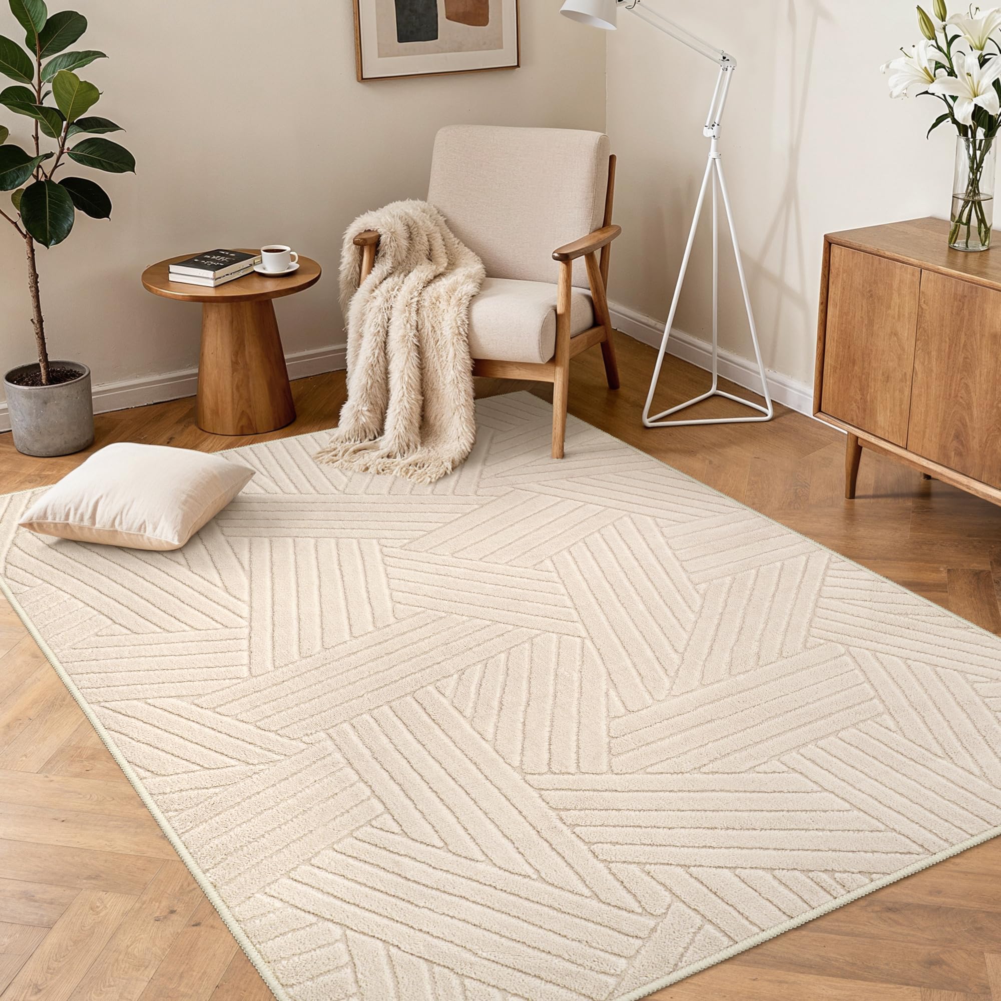 BEIMO Shaggy Washable Rug 120x160 cm, Soft Area Rug Non Slip Carpet Living Room Bedroom Kitchen Dining, Elegant Beige Geometric Lines โ image 1