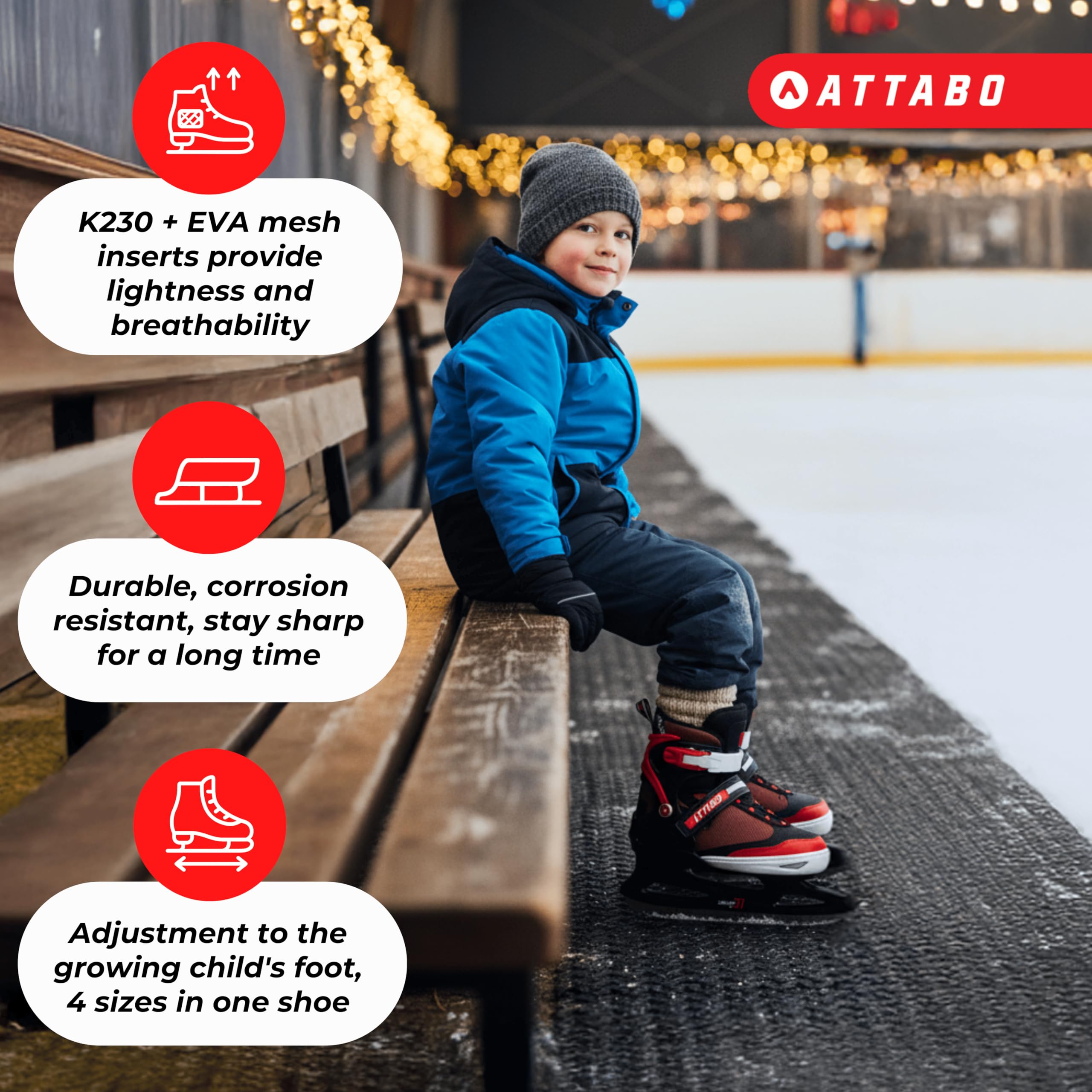 ATTABO Verstellbar Schlittschuhe Kinder und Jugendliche 26-41 EU Eislauf-Schlittschuhe mit 5-stufige Größenverstellung Eislaufschuhe Bequeme warme Eishockey Schlittschuhe mit Edelstahlkufen