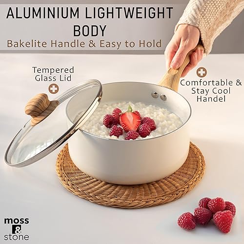 Miniatura 5 de Moss & Stone Juego de 6 utensilios de cocina antiadherentes blancos, juego de ollas y sartenes antiadherentes con tapa de vidrio, utensilios de