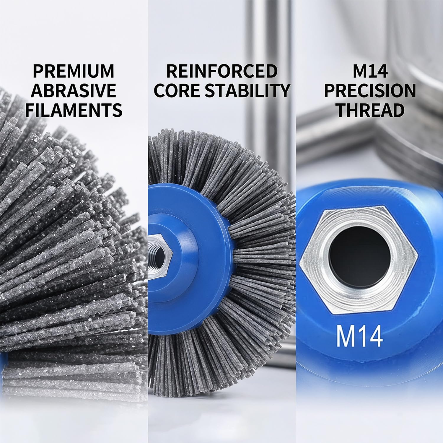 Brosse en nylon M14 grain #120 pour meuleuse d'angle - Brosse satinée Ø 140 mm avec épaisseur de fil de 1,1 mm - Idéal pour l'acier inoxydable, l'aluminium et le cuivre - Structure, matification et