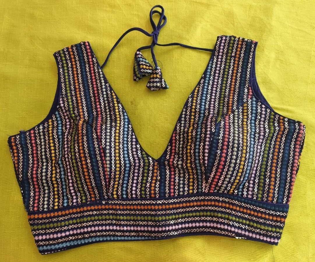 Pujia Mills Women's Sleeveless Sabyasachi Pattern V Neck Embroidery Work With Sequence Indian Ethnic Wear Readymade Saree Blouse For Lehenga Choli (Navy Blue, 38)