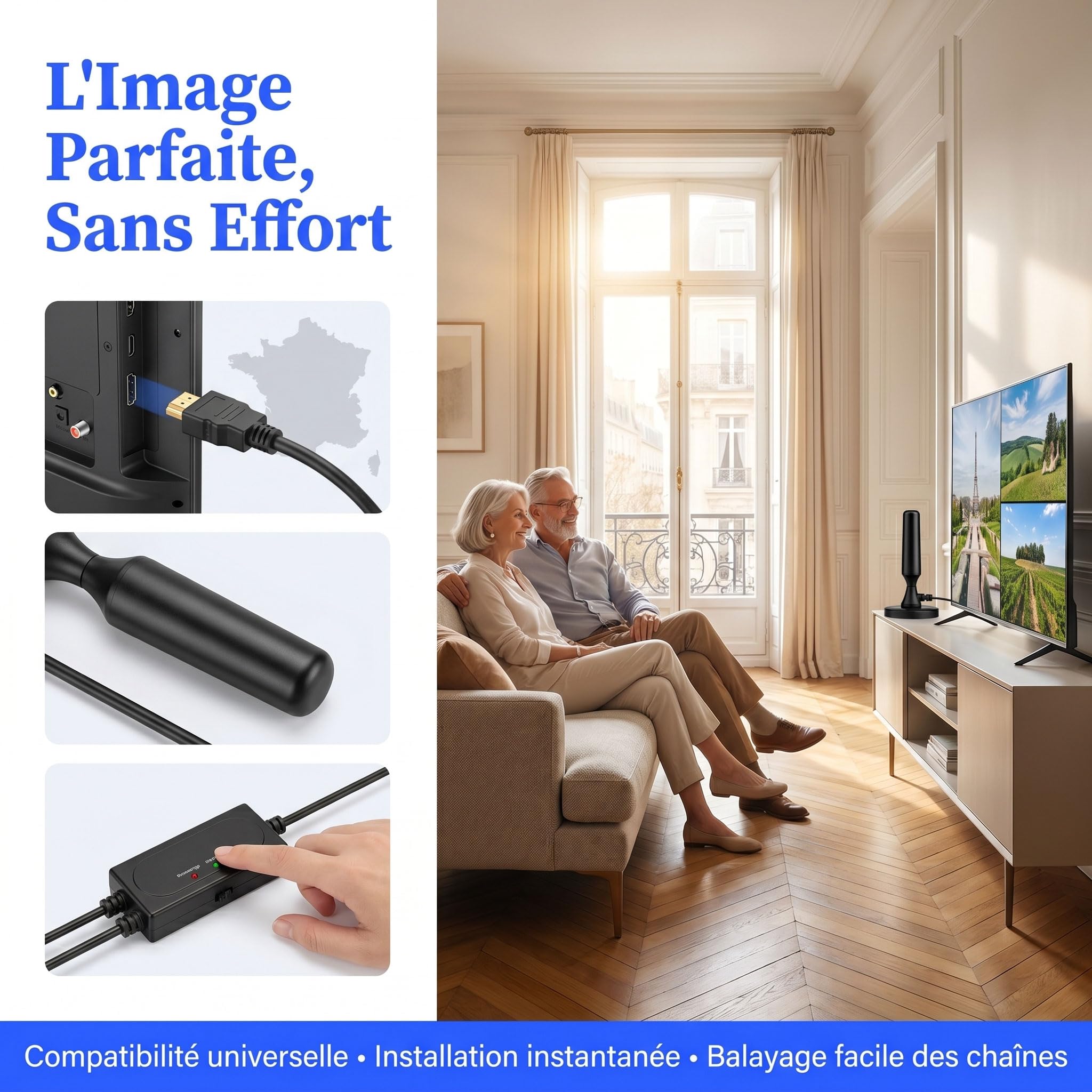 Antenne TV Intérieur Puissante 2026, Antenne TNT Intérieur Amplifiée 360° pour Smart TV, Amplificateur Signal 500km, Chaînes Gratuites 4K 1080P HD, Base Magnétique, Câble 3M