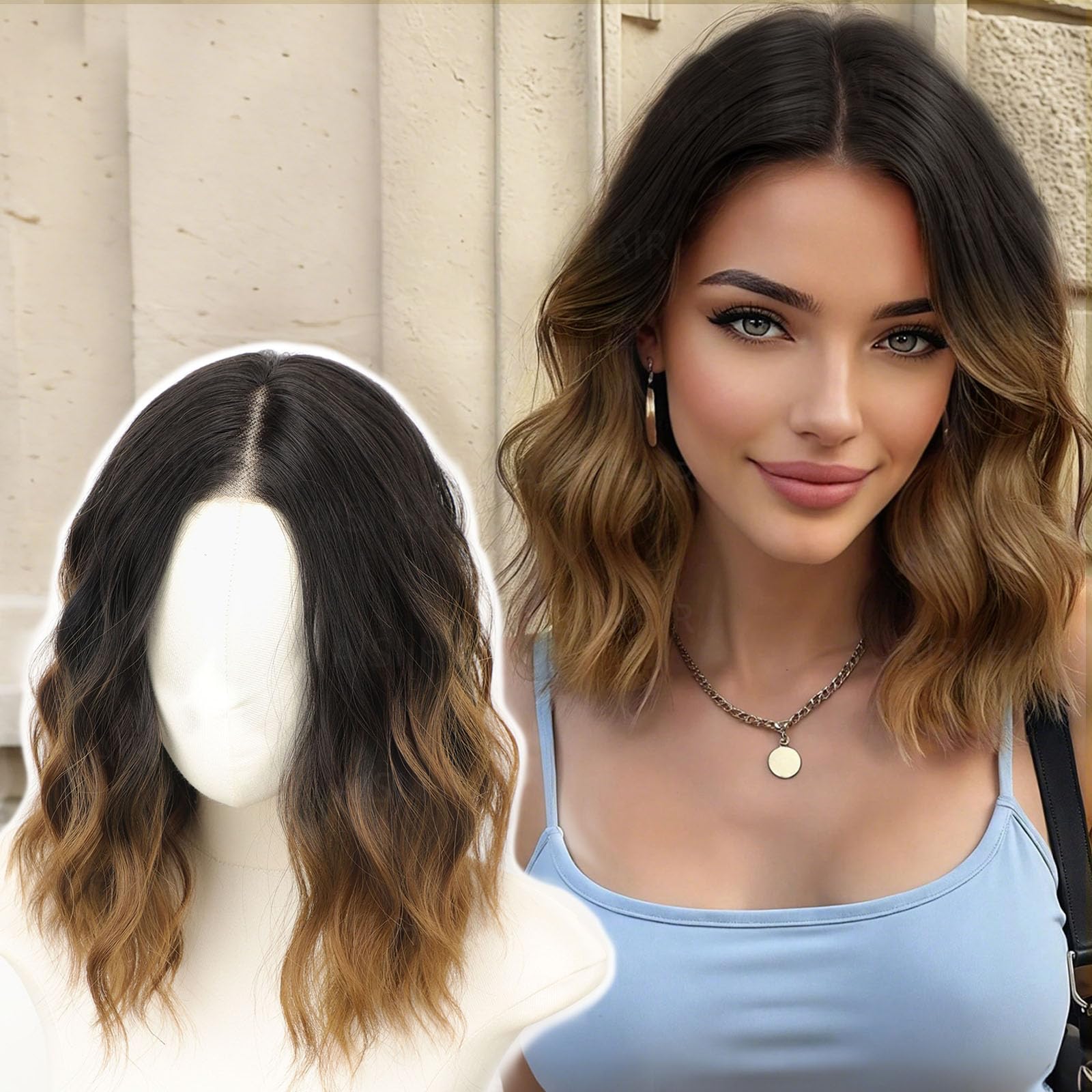 AISI HAIR 14 Inch Ombre Brown Wigs for Women - Shoulder Length Wave Wig with Pre-Cut Lace Hairline, Middle Part Natural Wavy Bob Synthetic Heat