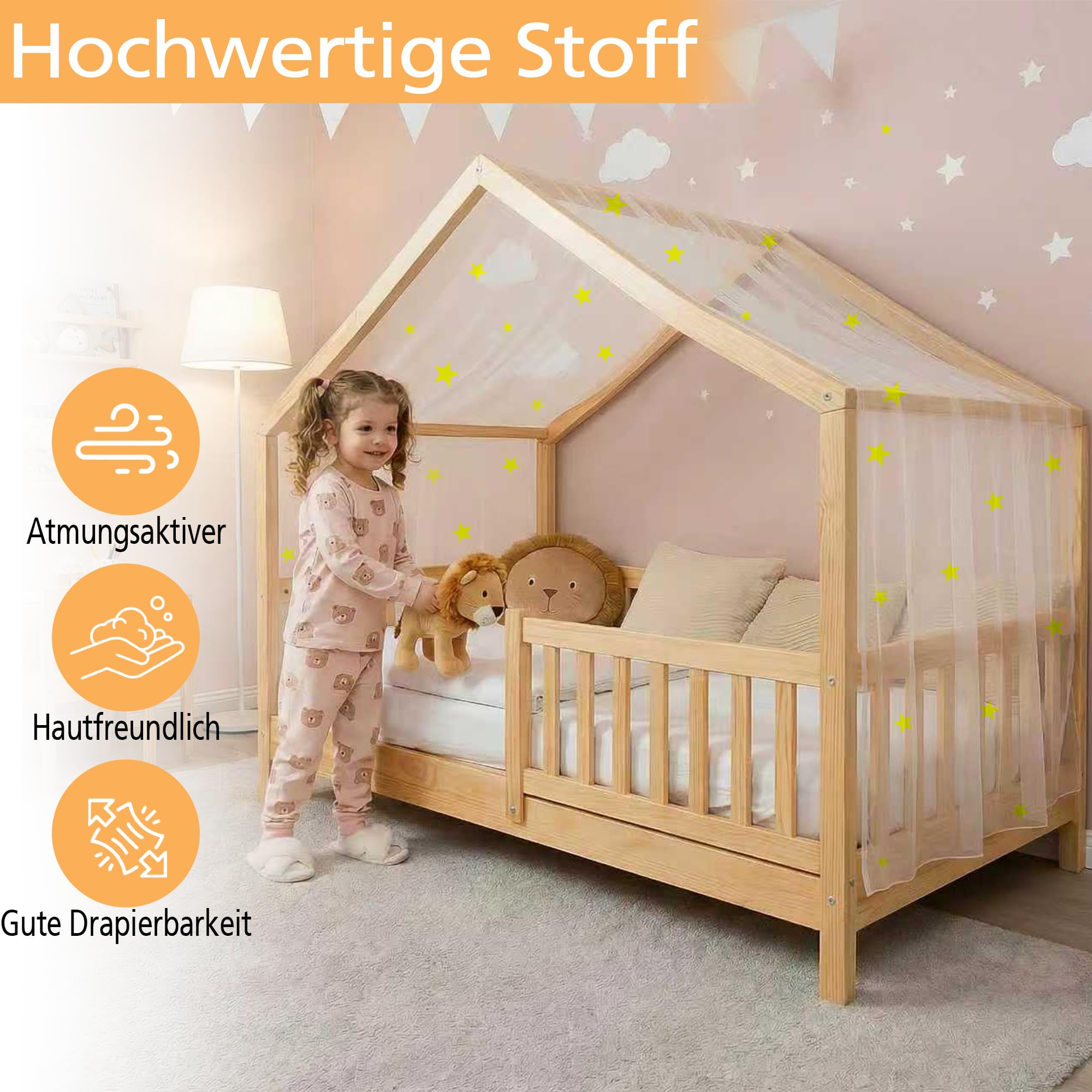 Hook Hausbett Himmel Betthimmel für Hausbett Kinder – Leuchtender Sternenhimmel Stoffhimmel für Hausbett Deko für Mädchen & Jungen – Himmel für Hausbett & Bodenbett (Weiß, H135 x B420 cm (1er Pack))