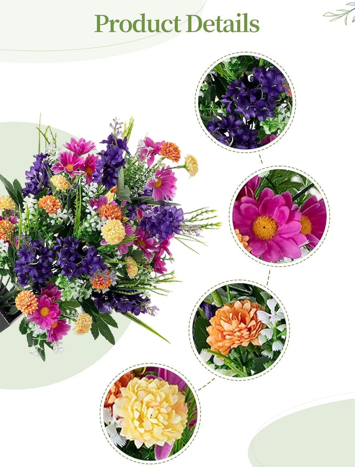 Artificial Cemetery Flowers for Grave: Memorial Day Flowers for Cemetery - Outdoor Grave Decorations - 2 Pcs Purple Violet Mums Bouquets with Vases - Image 6