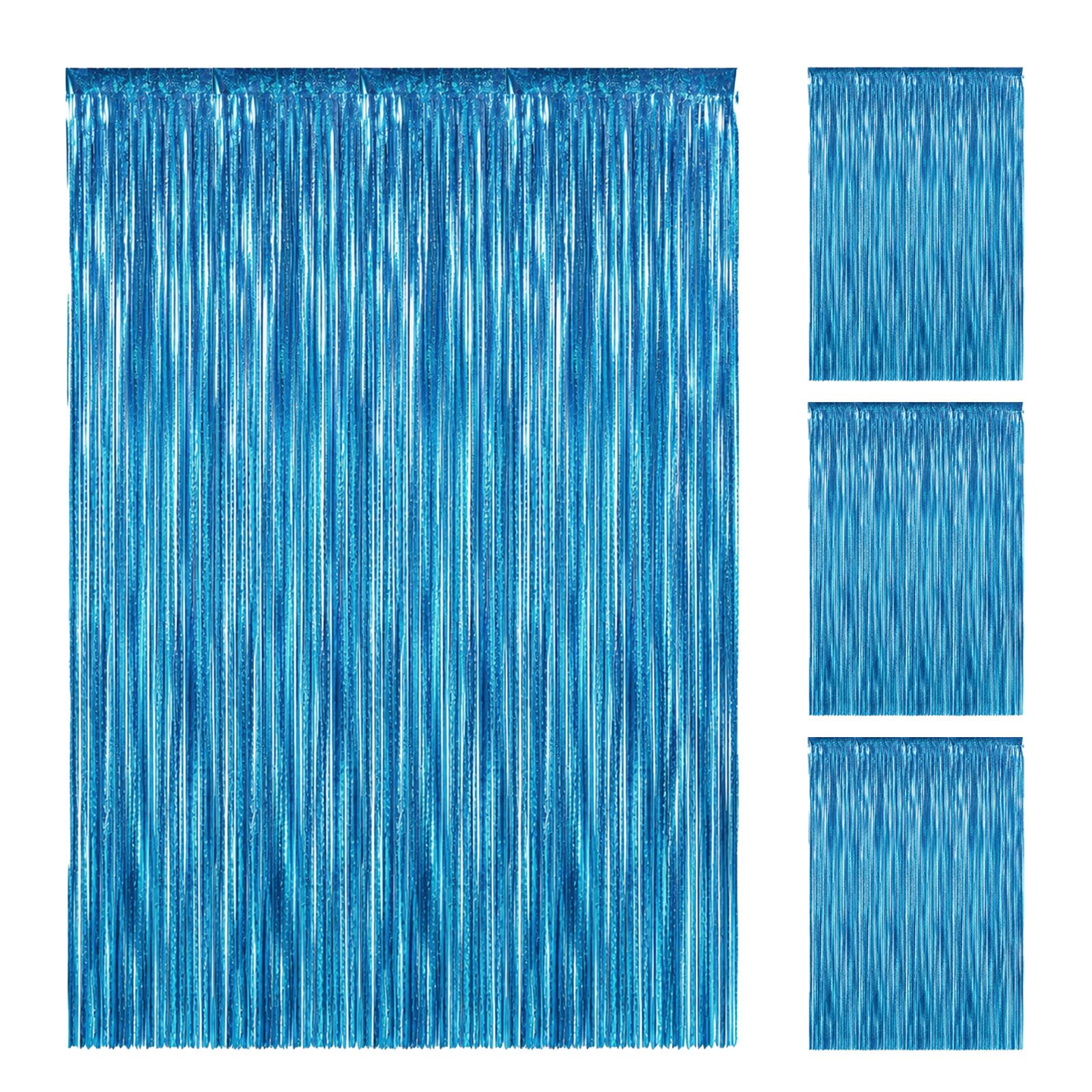 QFWFG 4PCs Blue Glitter Tinsel Foil Curtains Backdrop 3.3ft x 6.6ft