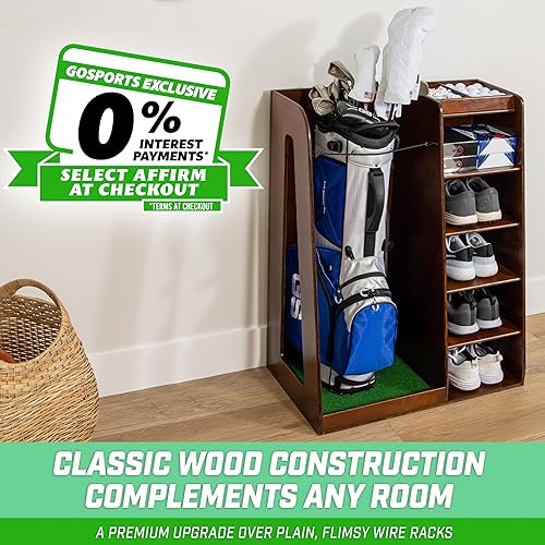 Miniatura 4 de GoSports Organizador de bolsas de golf de madera premium y estante de almacenamiento, acabado negro, blanco o marrón