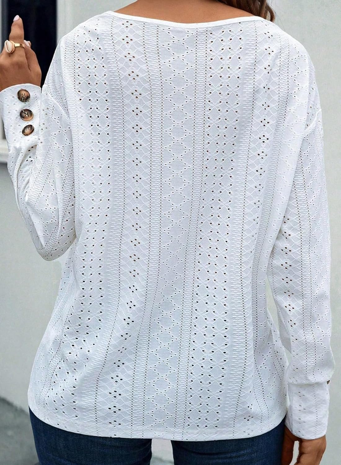 Eytino Plus Size Tops for Women Casual V Neck Long Sleeve Buttons Hollow Out Lace Embroidered Blouses Shirts(1X-5X) - Image 2