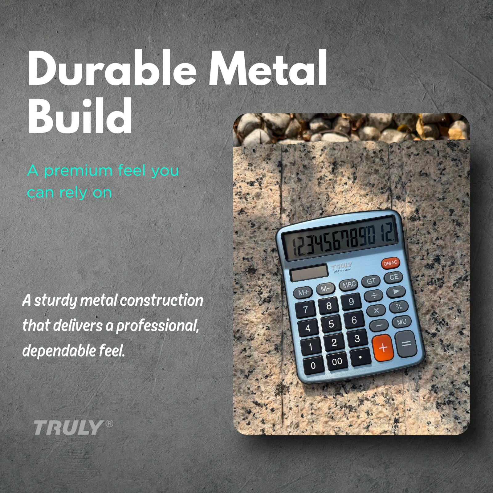 TRULY Calculadora de escritorio de 12 dígitos con pantalla grande, botones grandes, doble alimentación (solar + batería), acabado metálico, ideal para oficina, hogar, escuela - 837A Pro azul claro