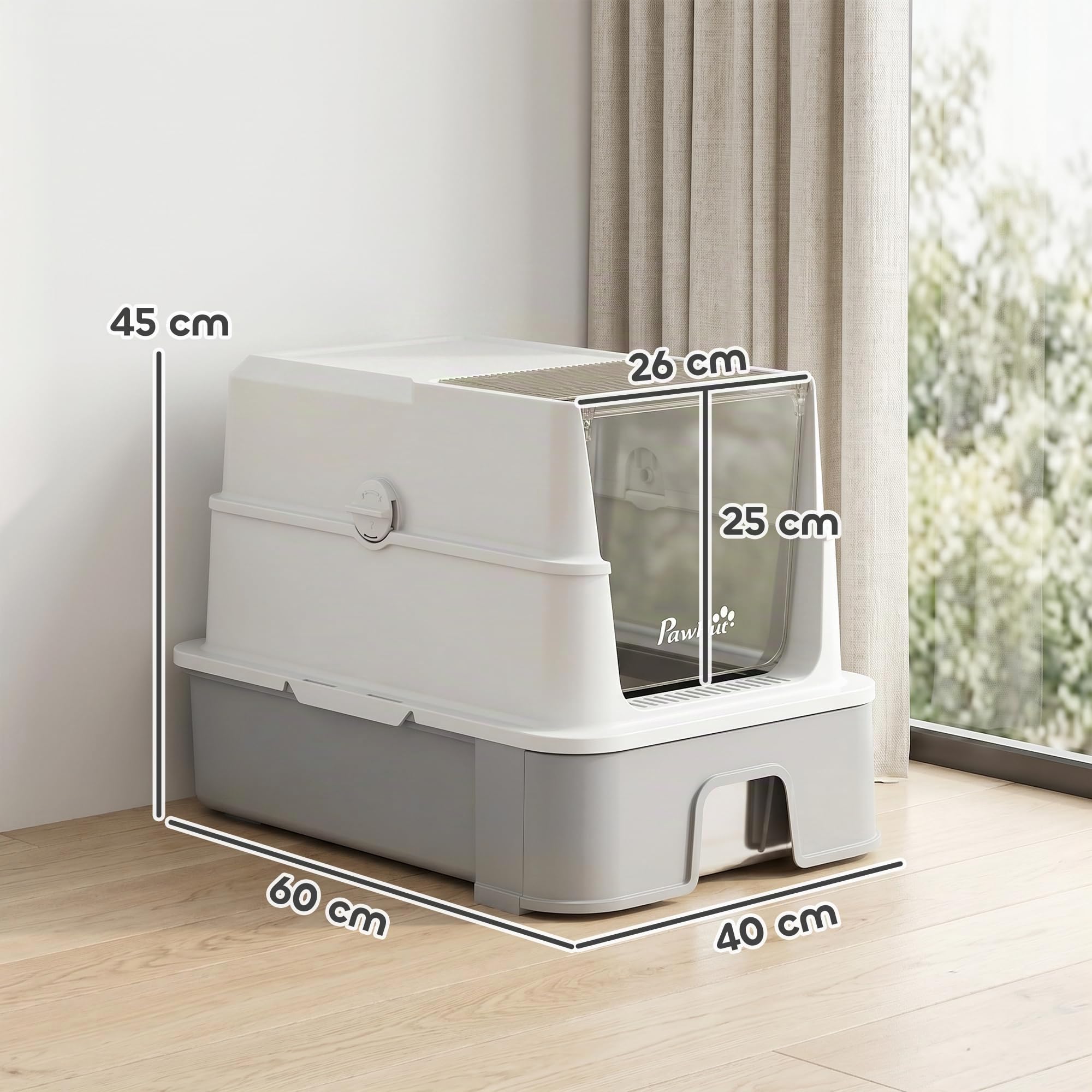 PawHut Lettiera Gatto Chiusa XL in Acciaio Inox con Coperchio 68L Grigio | 3 in 1 Toilette per Gatti, Vassoio Estraibile, Paletta, Pareti Alte, Antiperdita, Antiodore, Facile da Pulire
