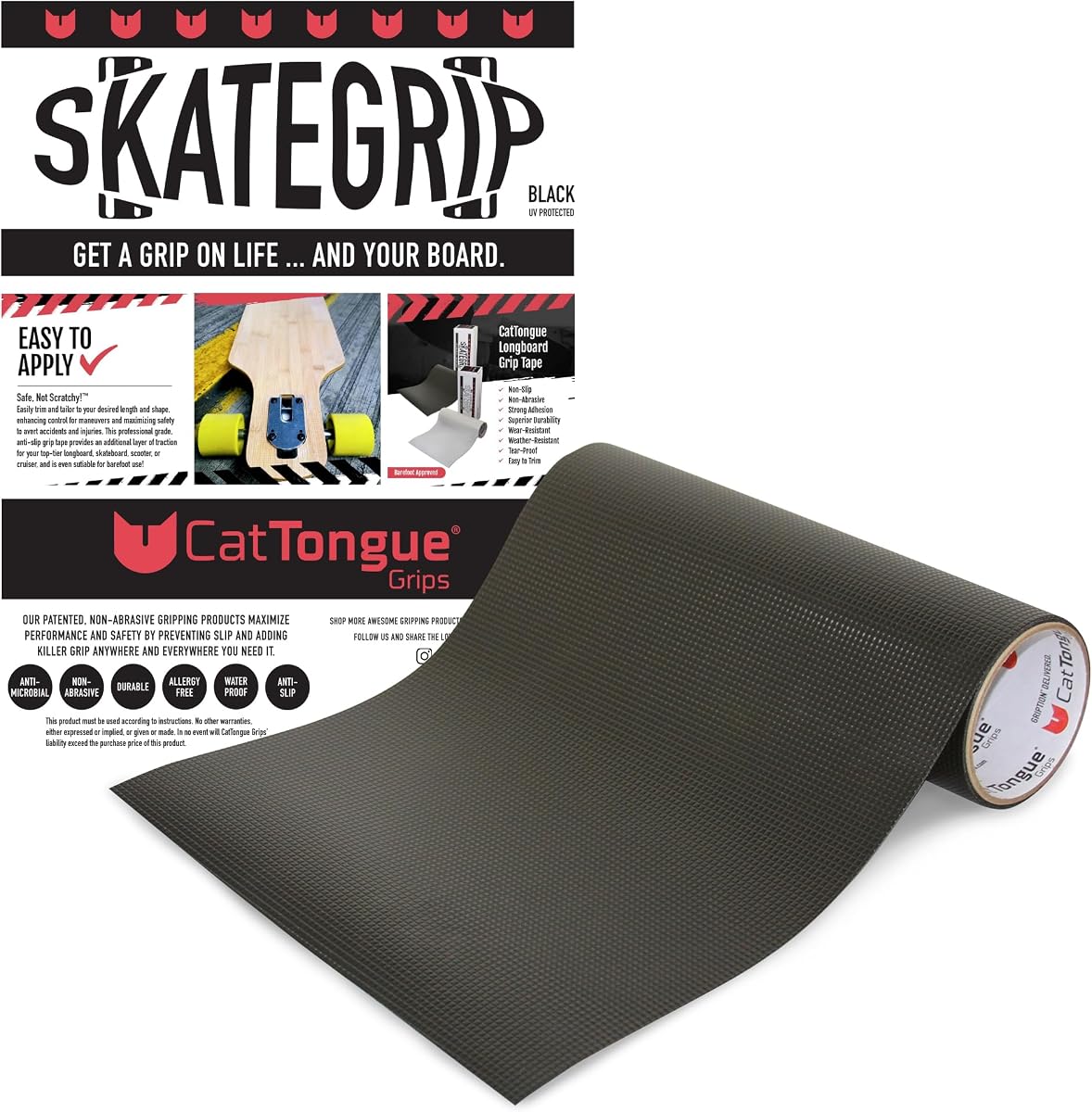 CatTongue Grips 11"x44" Longboard Grip Tape, Non-Abrasive SkateGrip, Black | Gription's patented non-rubber material is waterproof & UV protected, won't peel or bubble, built for skateboards & scooters
