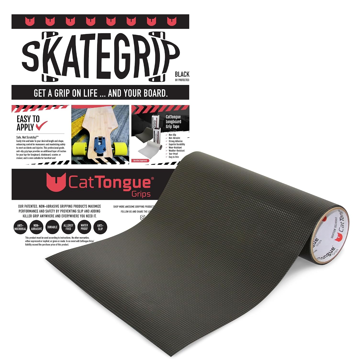 CatTongue Grips 11"x44" Longboard Grip Tape, Non-Abrasive SkateGrip, Black