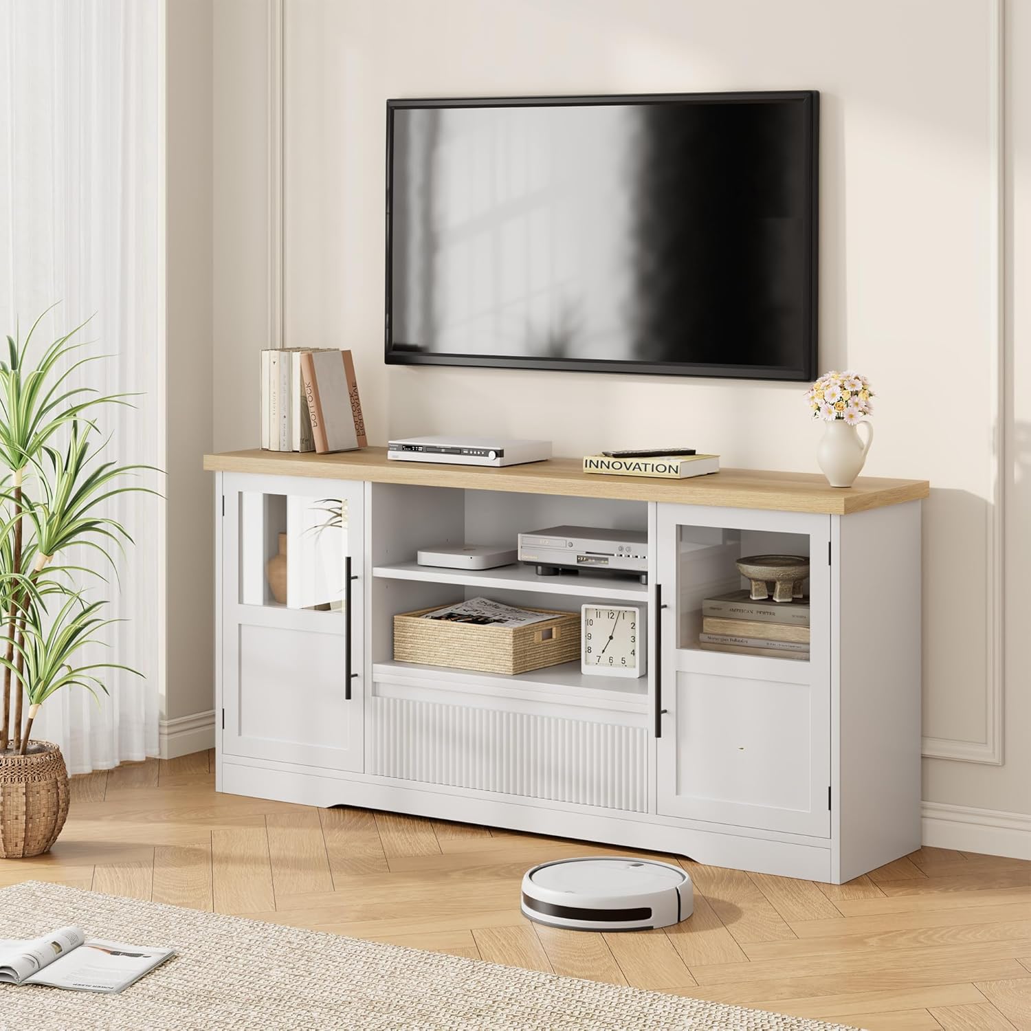 63" TV Stand for TVs up to 72" - Farmhouse Wave Design Entertainment Center with 2 Glass Door Cabinets & Open Shelves for Living Room, White & Natural