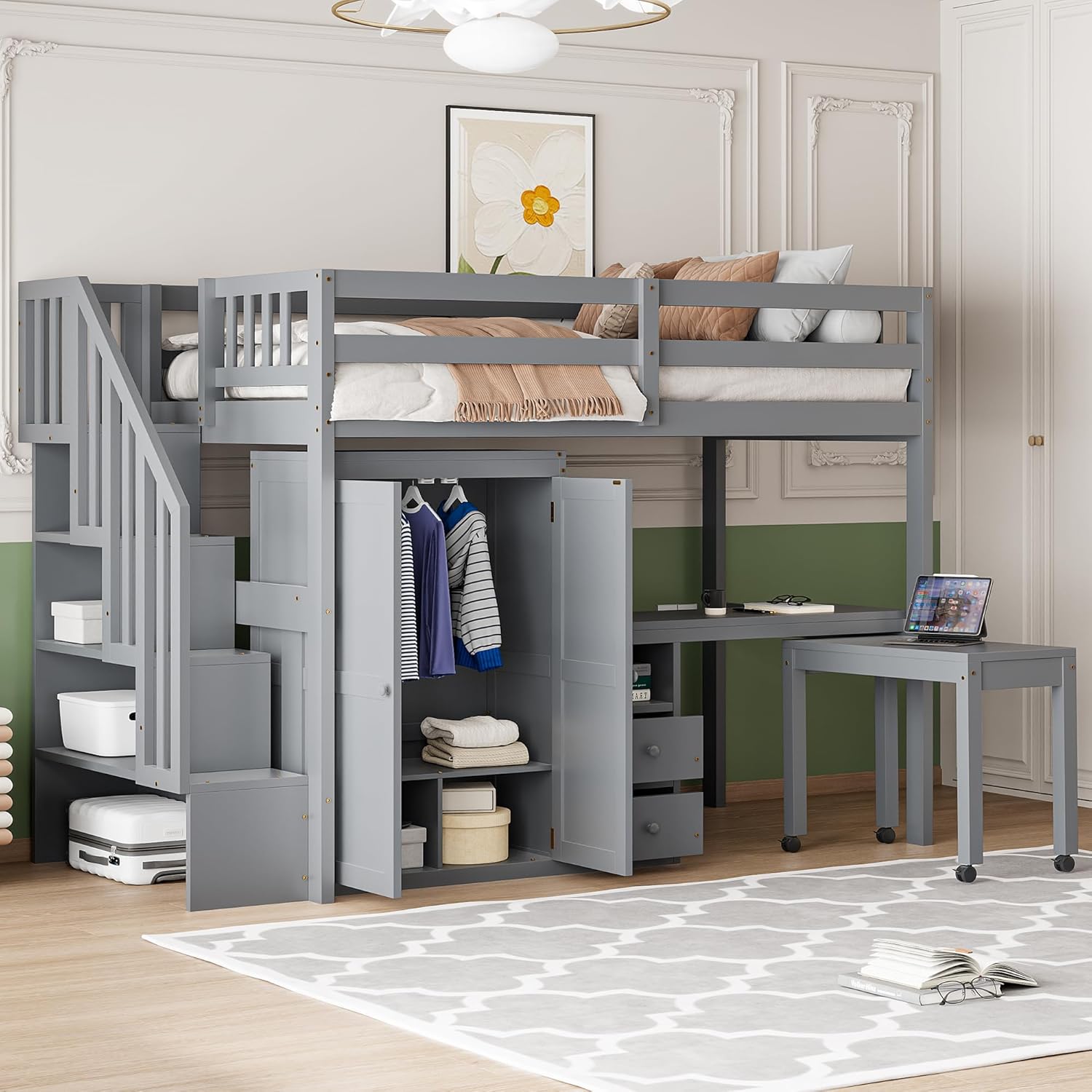 Merax Twin Multifunction Loft Bed with Desk, Wardrobe, Drawers, Wood Loft Bed with Staircase & Full Length Gardrails for Boys, Girls, No Box Spring Needed Gray