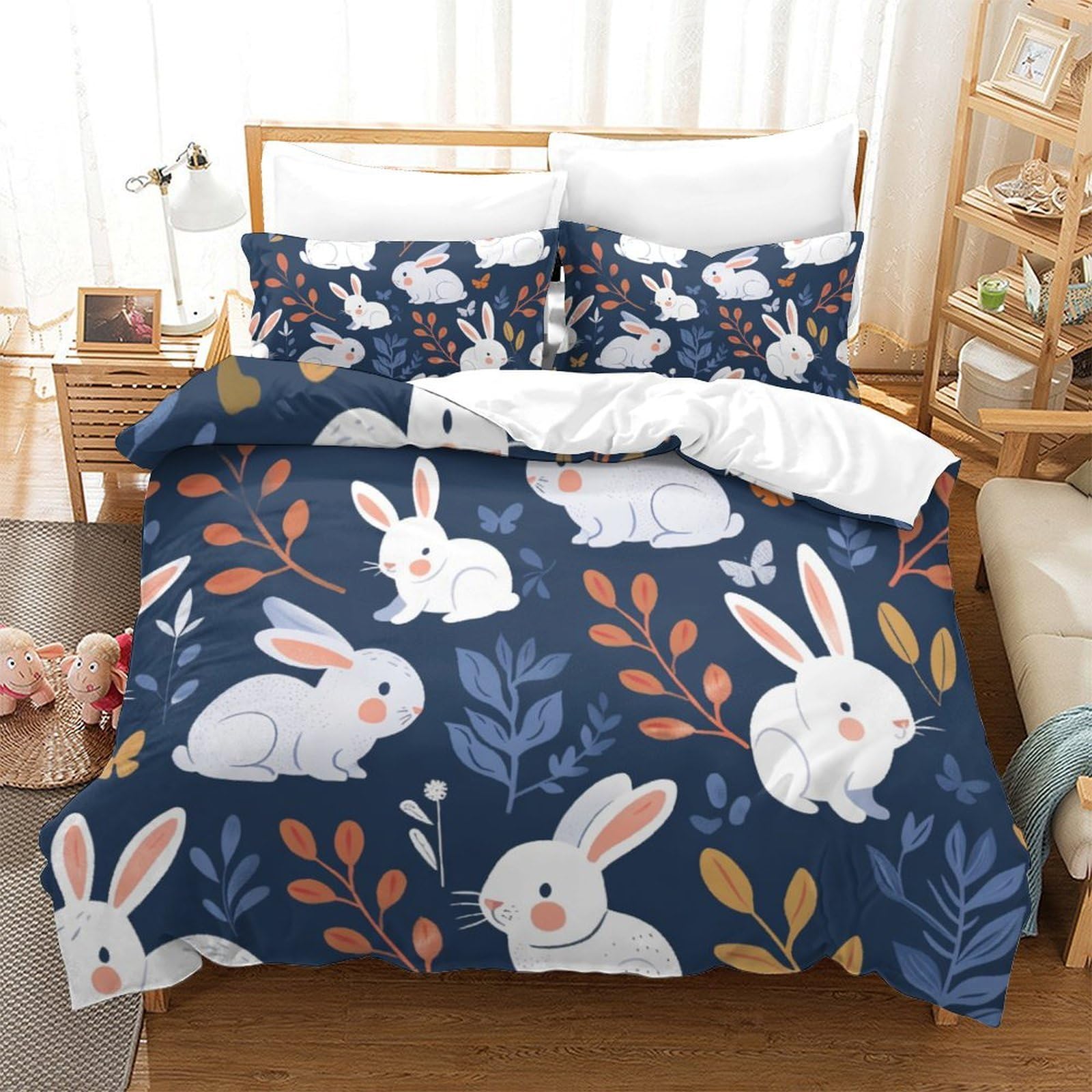 Housse de couette lapin et papillons 3D Super King 260x220cm en microfibre avec taies d'oreiller