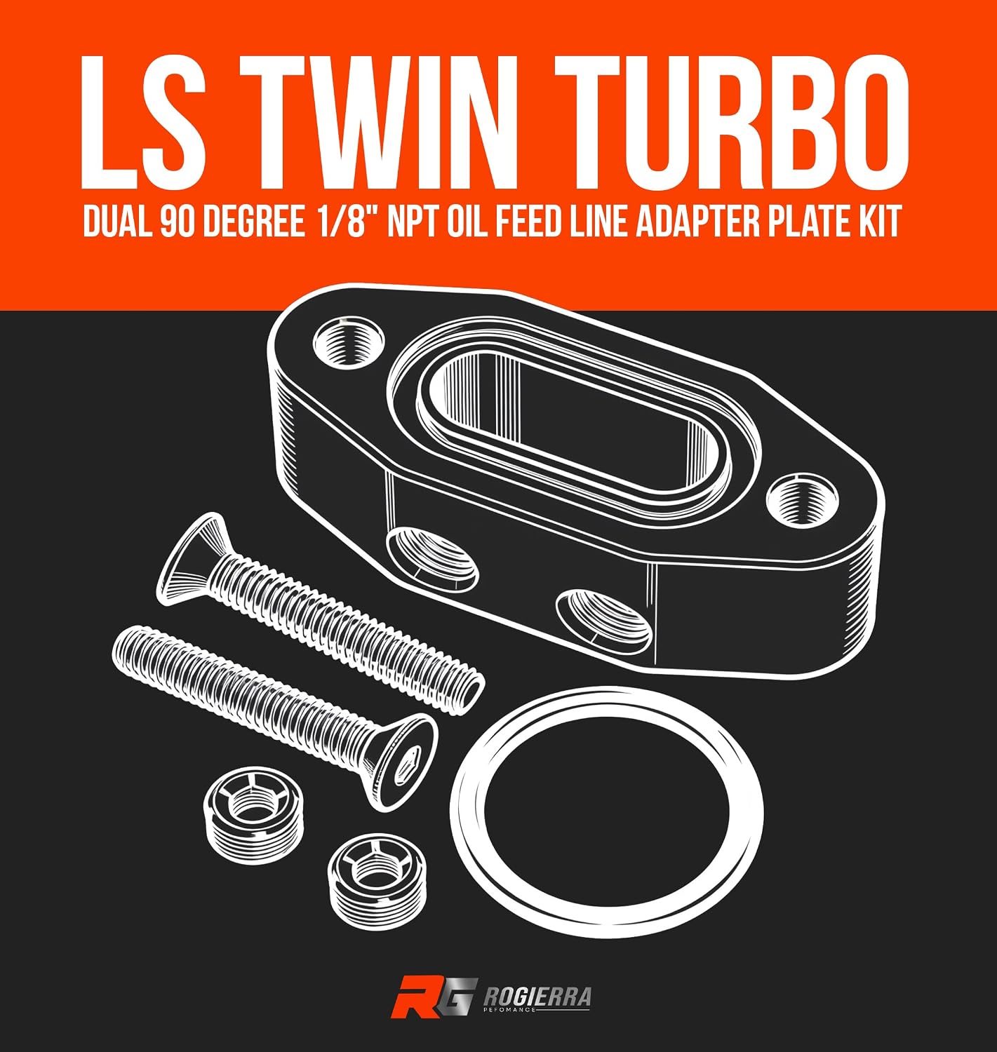 LS Twin Turbo Dual 90 Degree 1/8" NPT Oil Feed Line Adapter Plate Kit, Billet Right Angle Oil Supply Port Plate with Pressure Sensor Port, Compatible with LS1 LS3 LSX Engines
