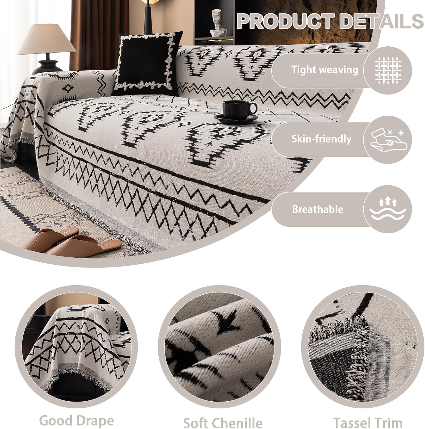 DREAMINGO Boho Couch Cover Sofa Covers for 3 Cushion Couch Jacquard Chenille Couch Cover Blanket Living Room Pet Furniture Protector Sectional Couch Covers for Dogs Washable, White, 71"x150"
