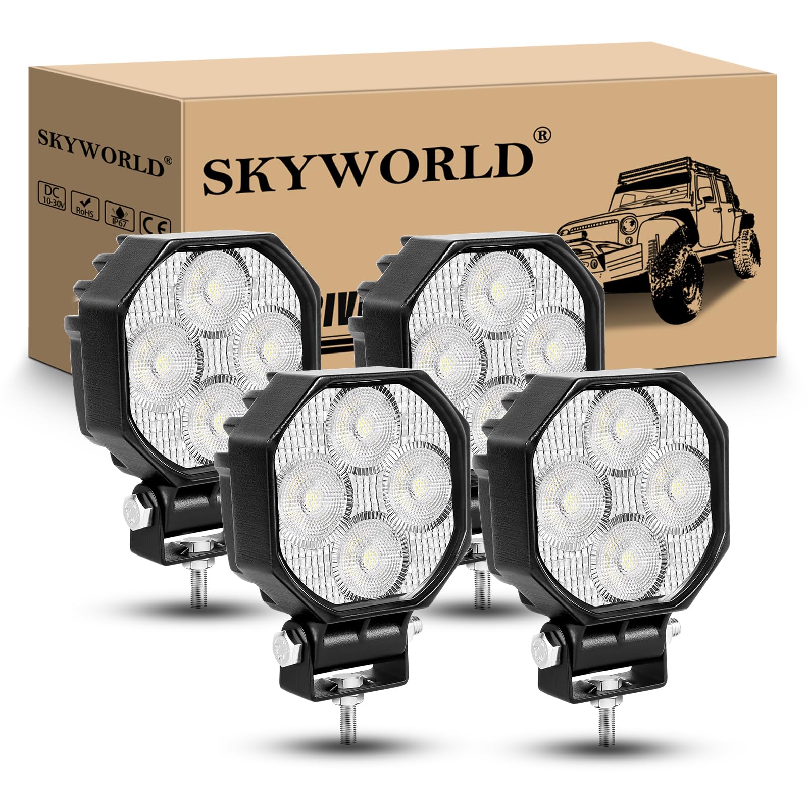 SKYWORLD 4 Pcs Mini Led Work Light, 2.8 inch 16W Flood Beam 12V 24V Outdoor Driving Lights Lamp for Car Off Road Truck 4x4 SUV ATV Tractors Excavator Boat Motorbike Dirtbike, 6000K White, Fog Lamp