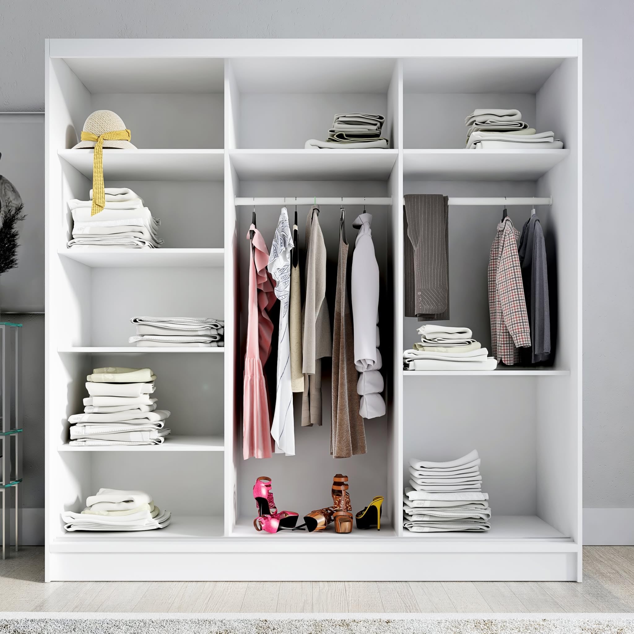 A&J MöbelLand Schwebetürenschrank ARIVA 2 Kleiderschrank 3-türig mit Schubladen und Spiegel Garderobenschrank 200 cm (Weiß)