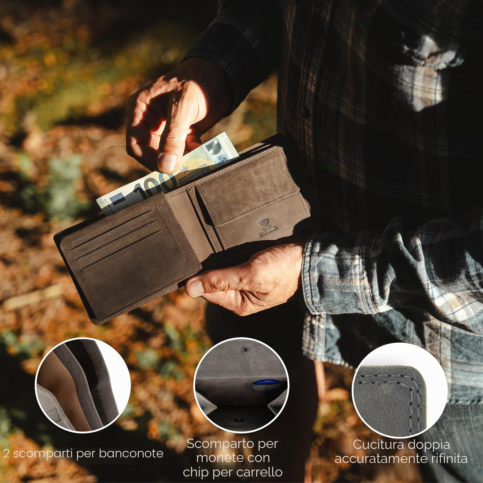 Baur portafoglio da uomo – vera pelle di bufalo con protezione RFID – portafoglio classico orizzontale con 7 scomparti carte e scomparto monete (Formato orizzontale grande, Grigio)
