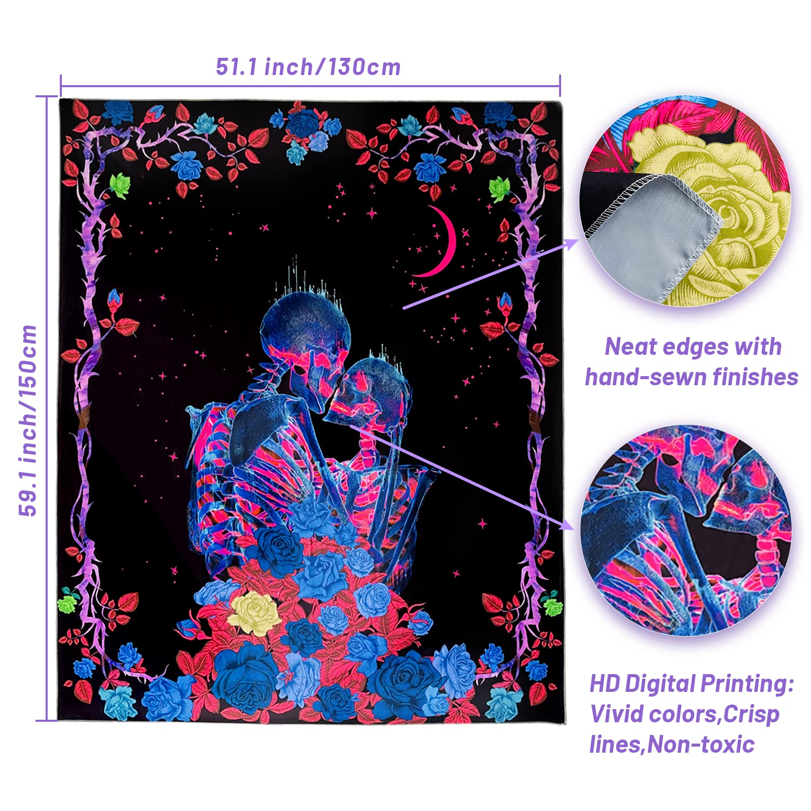 Ralxion Arazzo per camera da letto estetica decorazione della stanza da appendere alla parete Blacklight Arazzo UV reattivo Poster luce nera colorato bagliore nel buio Hippie Boho Arazzo ardente sole