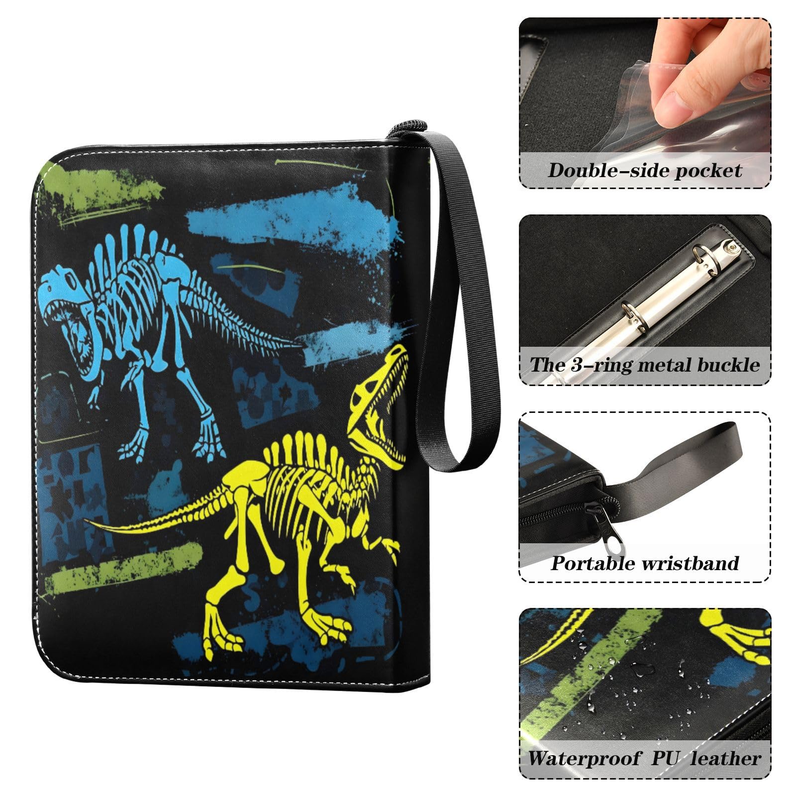 OTVEE Raccoglitore di carte con 4 tasche, porta carte collezionabili per 400 carte con 50 maniche, raccoglitore per collezione di carte, album per carte da baseball, calcio, scheletro di dinosauro