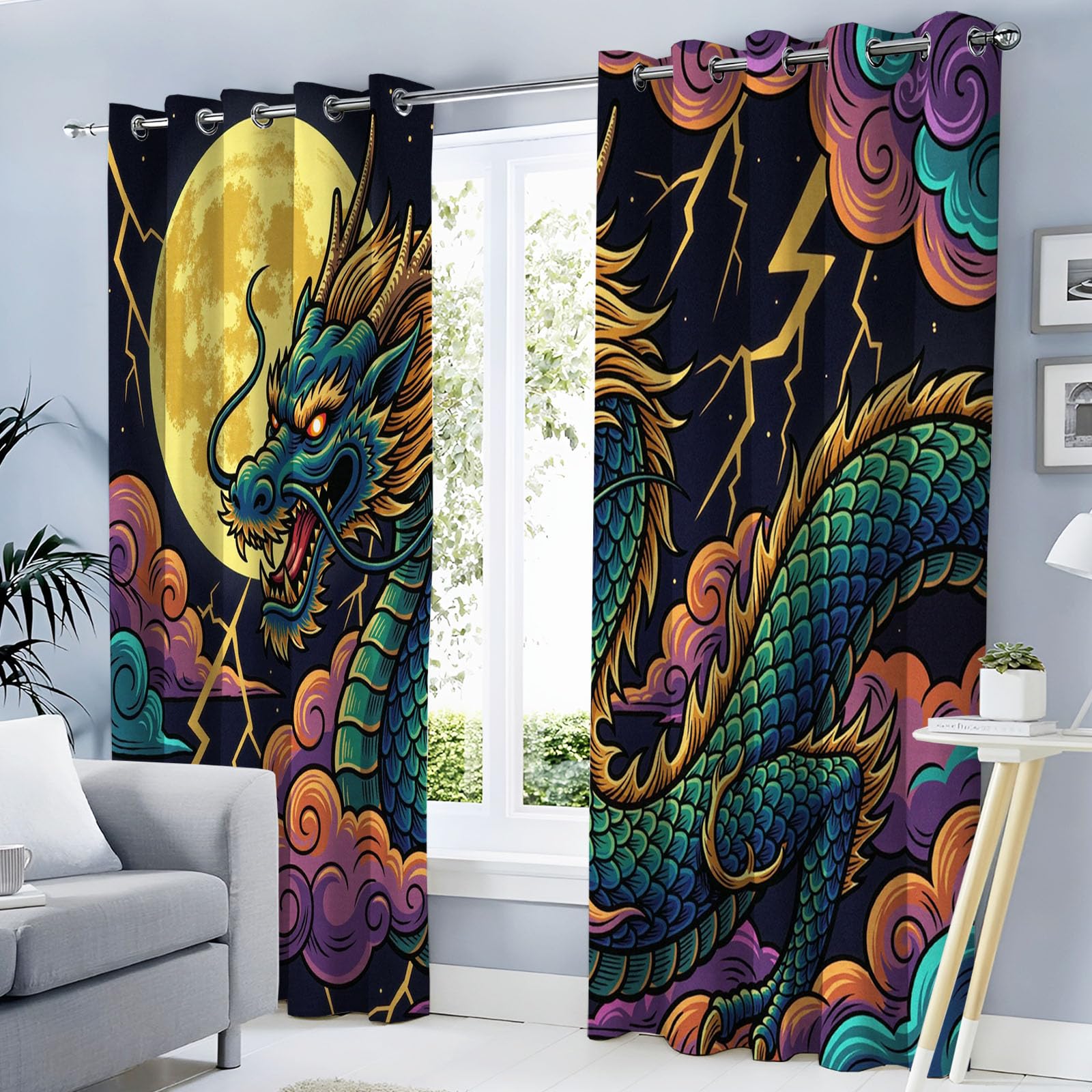 Rideaux pleine lune du dragon occultants thermiques isolants anti froid 140x240