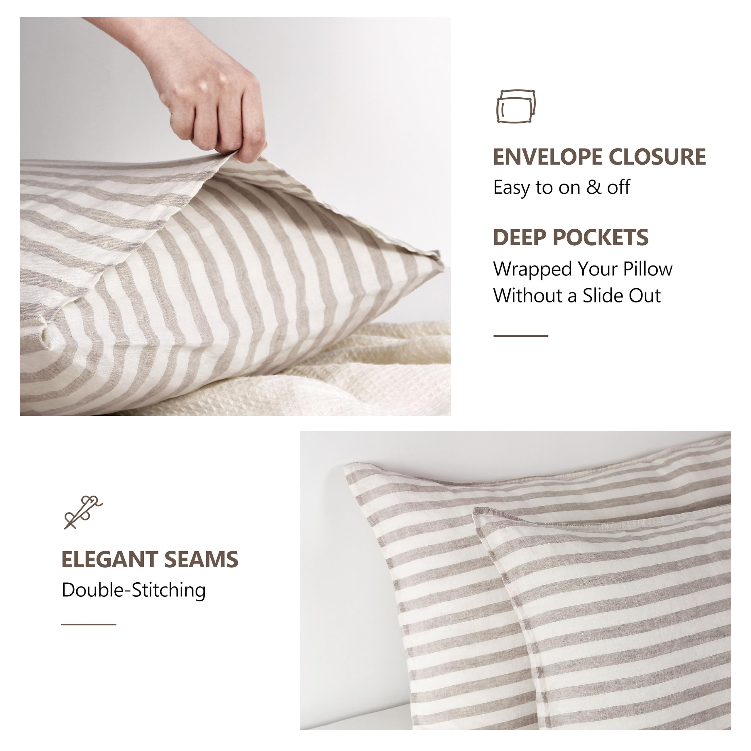 King Linens Fundas De Almohada 100% Lino Francés Con Bordado, Paquete De 2 Unidades, Lino Natural Lavado De Color Liso, Suave Y Transpirable, Lino, 20 X 30 Pulgadas